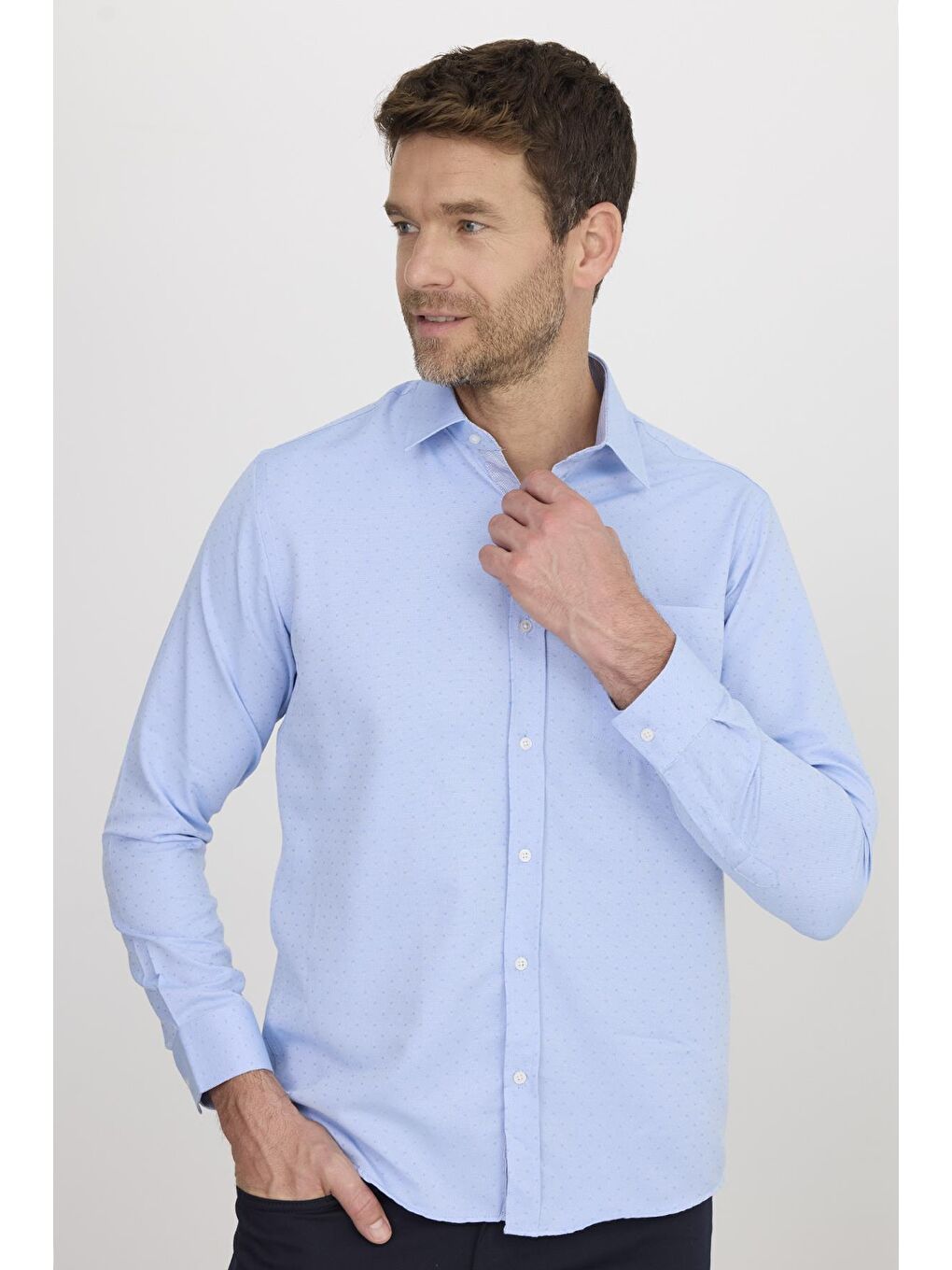 Erkek Regular Fit Klasik Kesim Spor Yaka Armürlü Oxford Garnili Mavi Gömlek-1