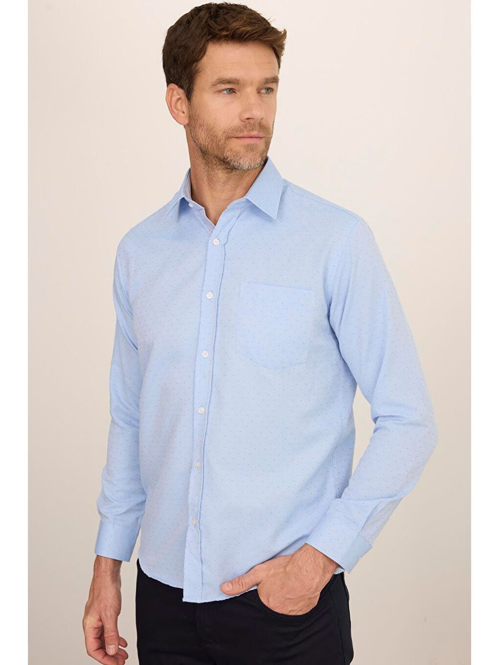 Erkek Regular Fit Klasik Kesim Spor Yaka Armürlü Oxford Garnili Mavi Gömlek-3