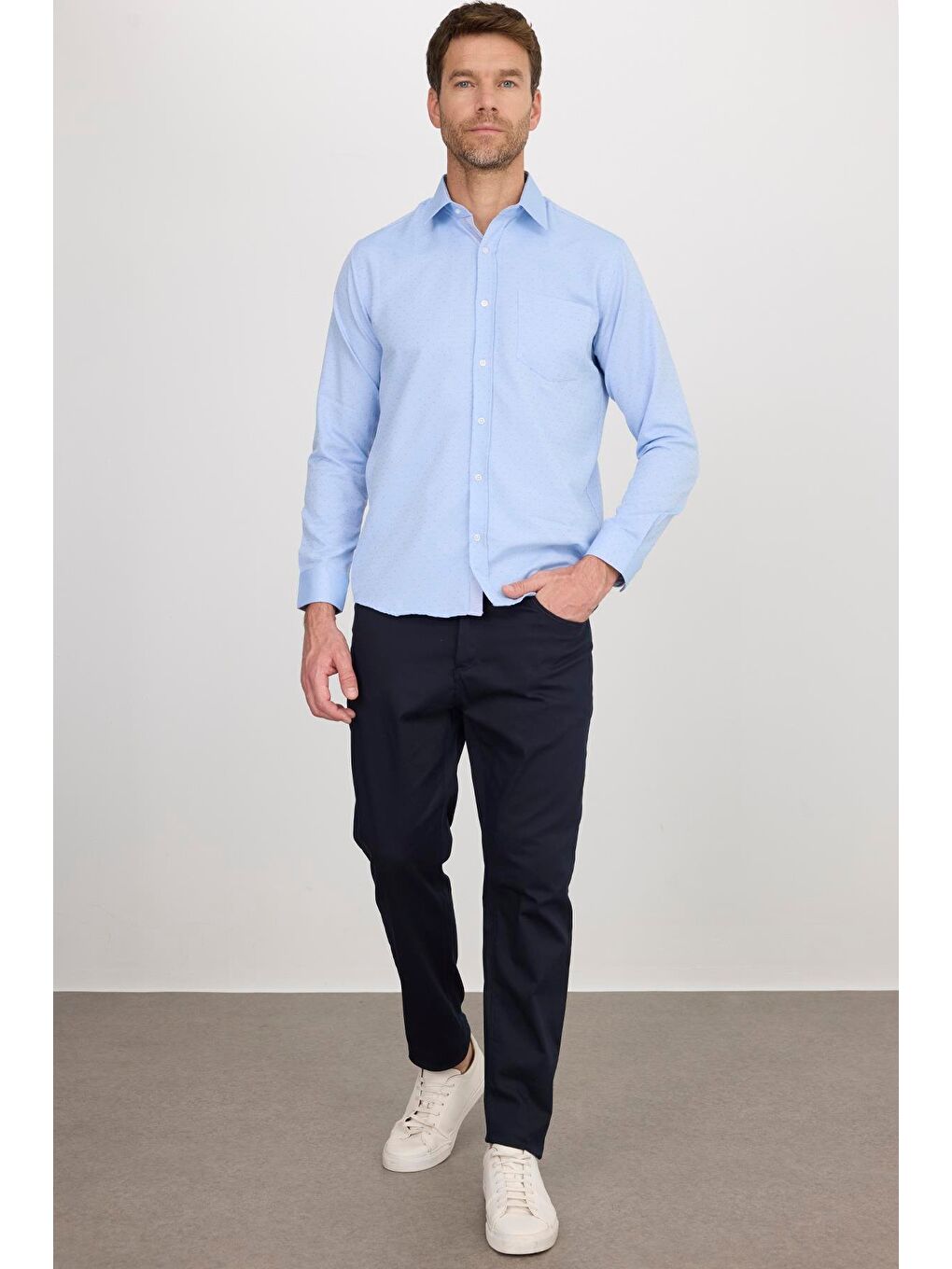 Erkek Regular Fit Klasik Kesim Spor Yaka Armürlü Oxford Garnili Mavi Gömlek-4