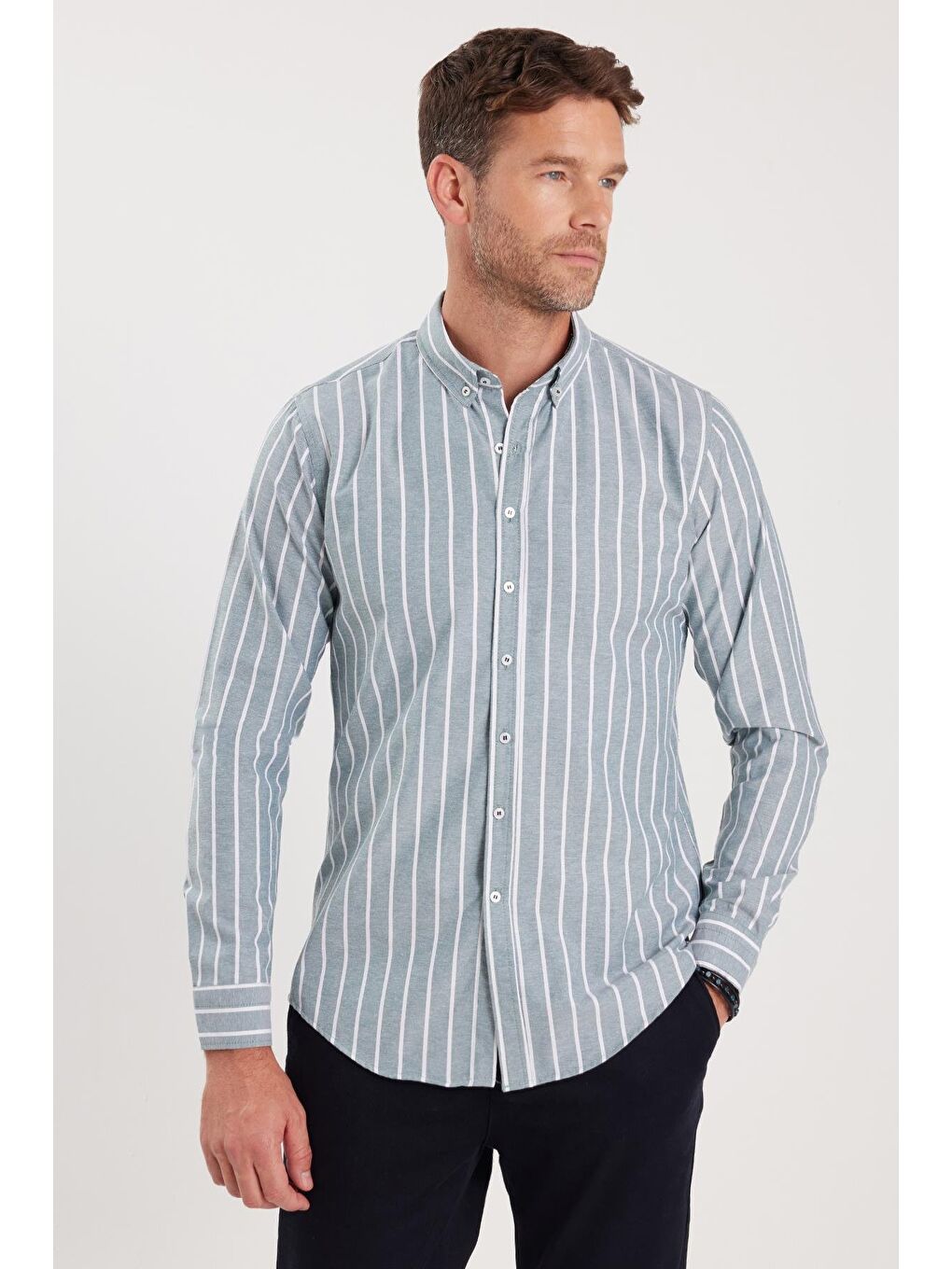 Karışık Slim Fit Uzun Kollu Çizgili Yaka Düğmeli Erkek Gömlek-3