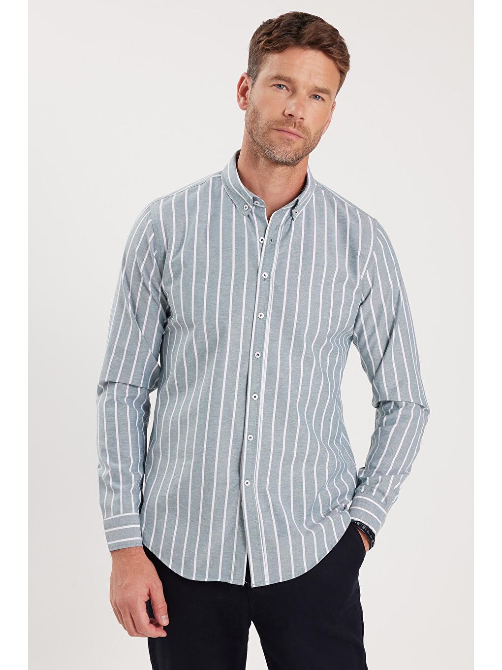Karışık Slim Fit Uzun Kollu Çizgili Yaka Düğmeli Erkek Gömlek-4