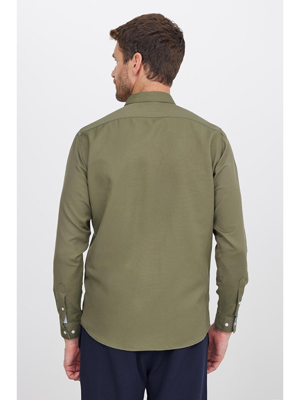 Erkek Regular Fit Klasik Kesim Düğmeli Yaka Pamuklu Kolay Ütü Oxford Düz Haki Gömlek-6