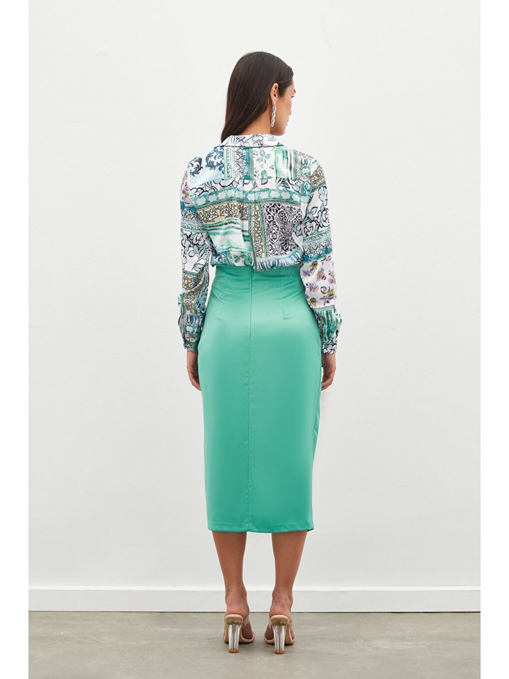 Yeşil Büzgü Detaylı Saten Etek - Mint-5