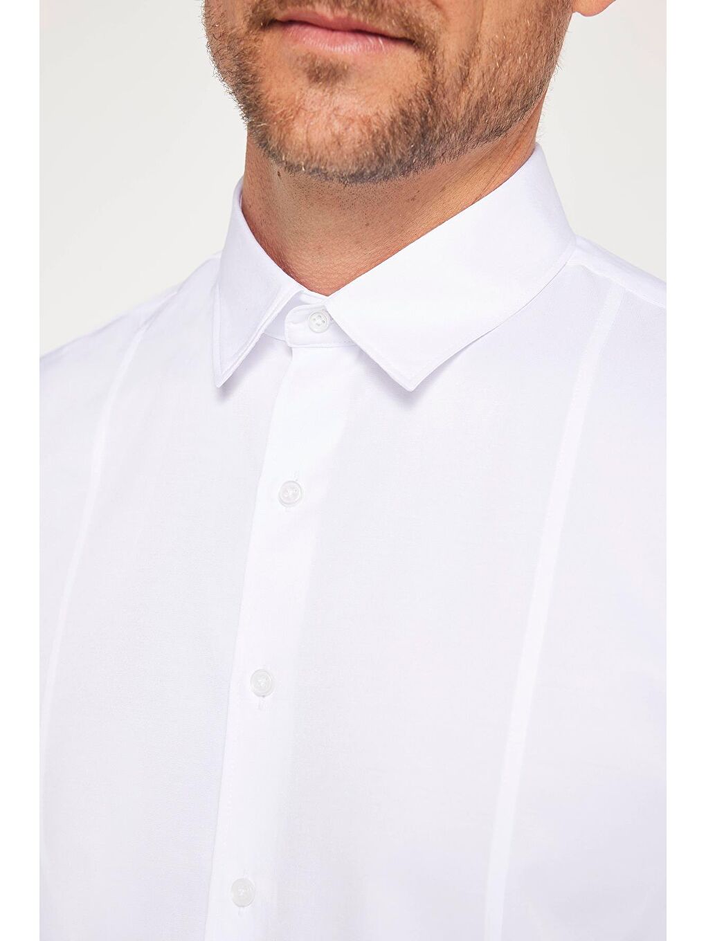 Erkek Slim Fit Dar Kesim Uzun Kollu Pamuklu Düz Beyaz Spor Yaka Gömlek-3