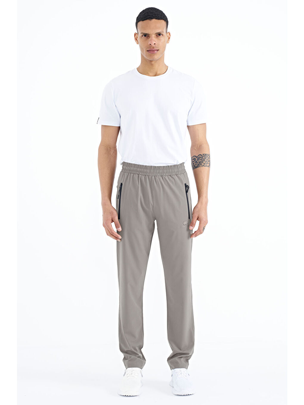 Bej Taş Erkek Fermuarlı Üç Cepli Standart Kalıp Klasik Paça Eşofman Alt - 84768-1