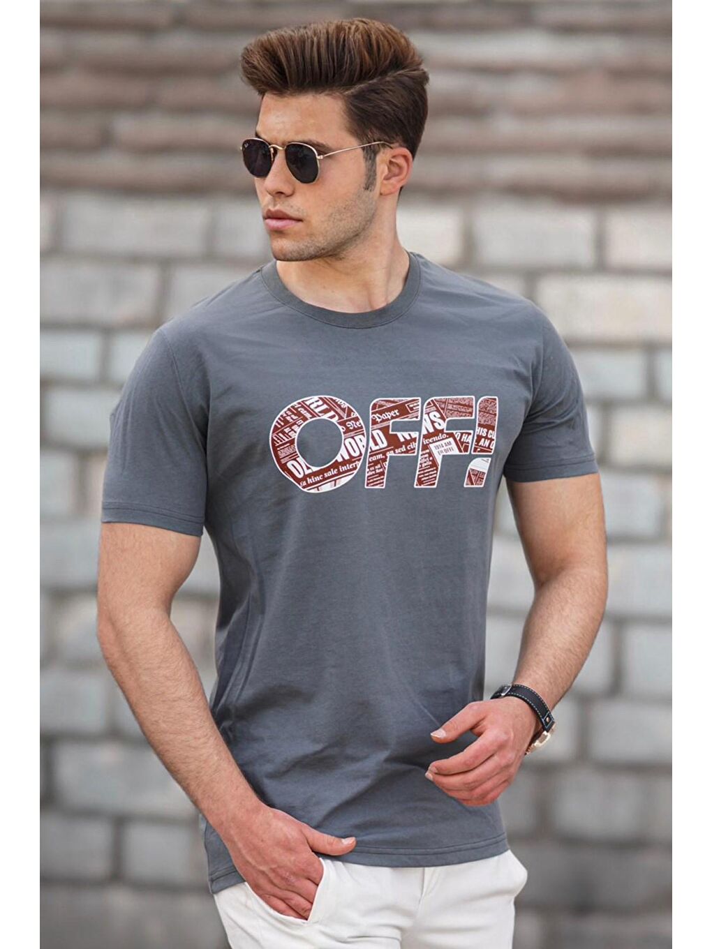 Gri Baskılı Füme Erkek %100 Pamuk Tişört 5254