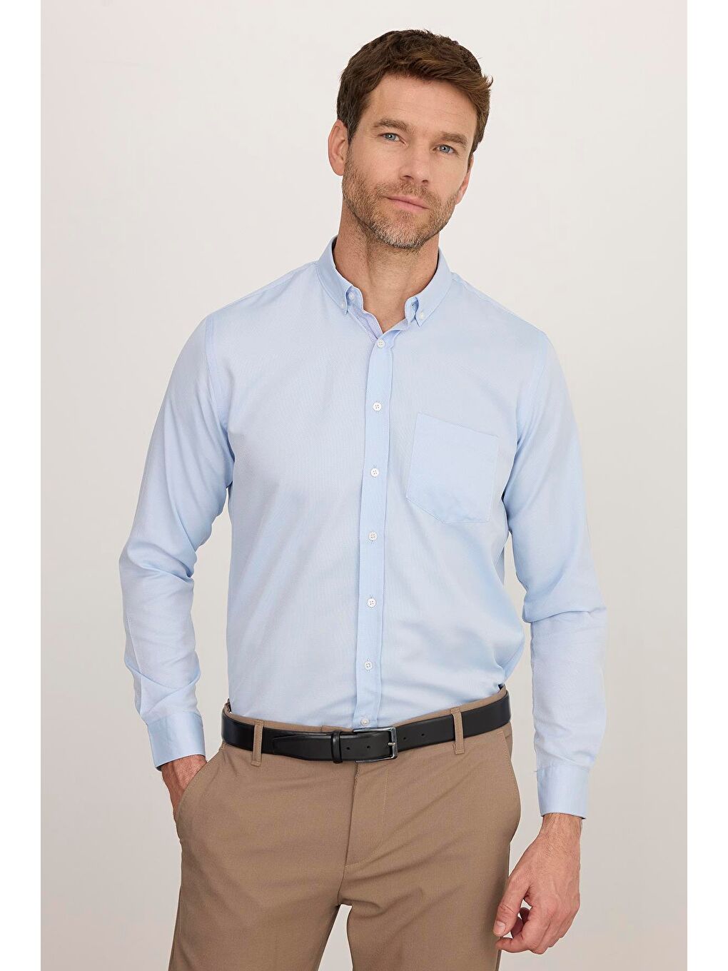 Erkek Regular Fit Klasik Kesim Düğmeli Yaka Pamuklu Kolay Ütü Oxford Düz Mavi Gömlek-1