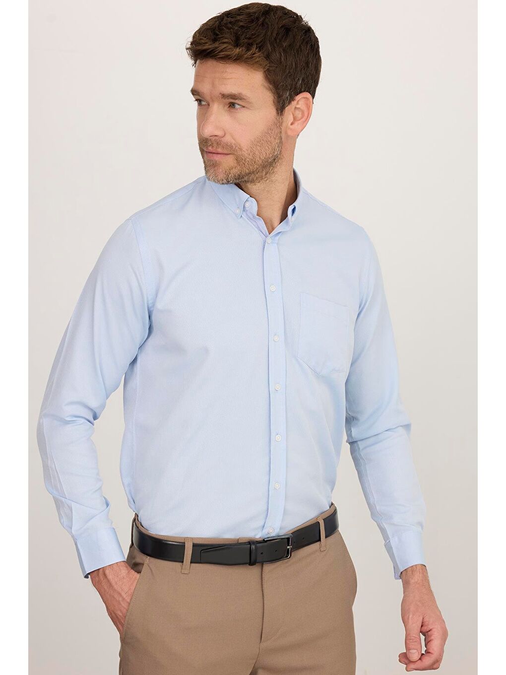 Erkek Regular Fit Klasik Kesim Düğmeli Yaka Pamuklu Kolay Ütü Oxford Düz Mavi Gömlek-3