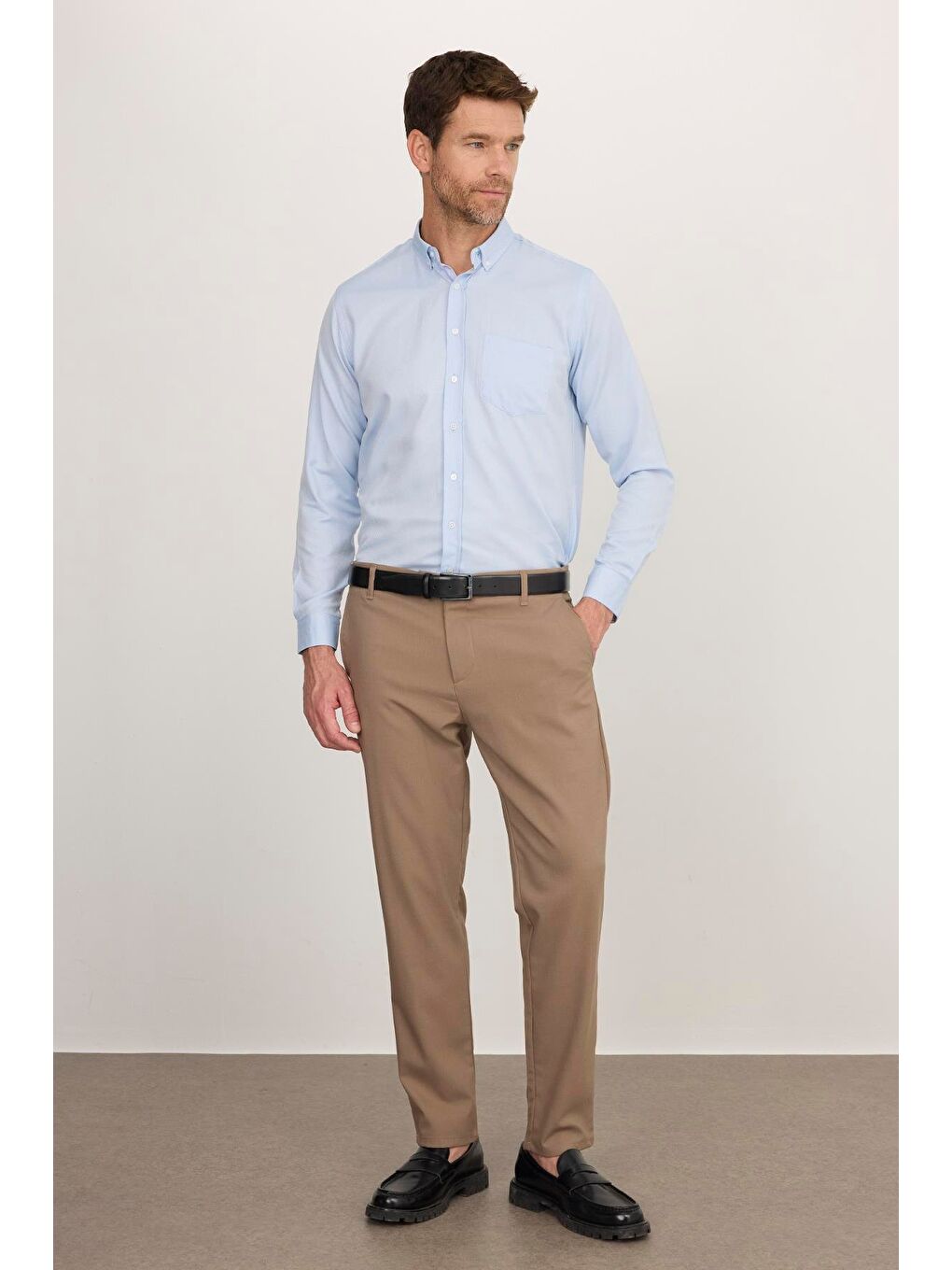 Erkek Regular Fit Klasik Kesim Düğmeli Yaka Pamuklu Kolay Ütü Oxford Düz Mavi Gömlek-4