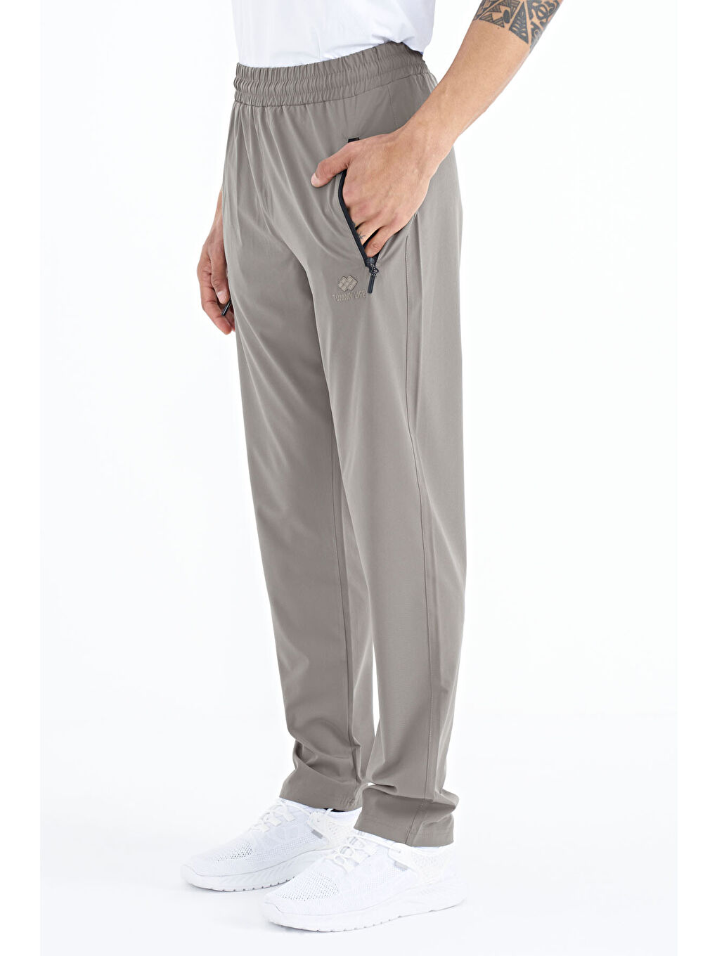 Bej Taş Erkek Fermuarlı Üç Cepli Standart Kalıp Klasik Paça Eşofman Alt - 84768-4