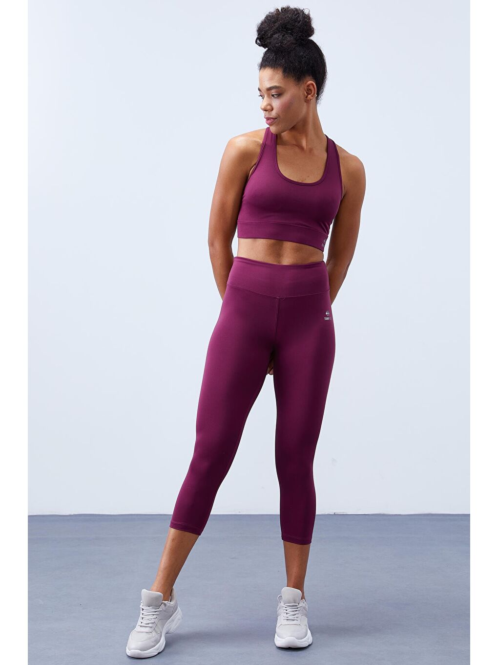 Bordo Yüksek Bel Toparlayıcı Çapraz Sırt Detaylı Slim Fit Kadın Tayt Takım - 95283