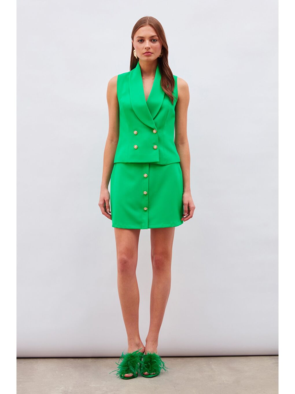 Düğme Detaylı Mini Etek - Yeşil-2