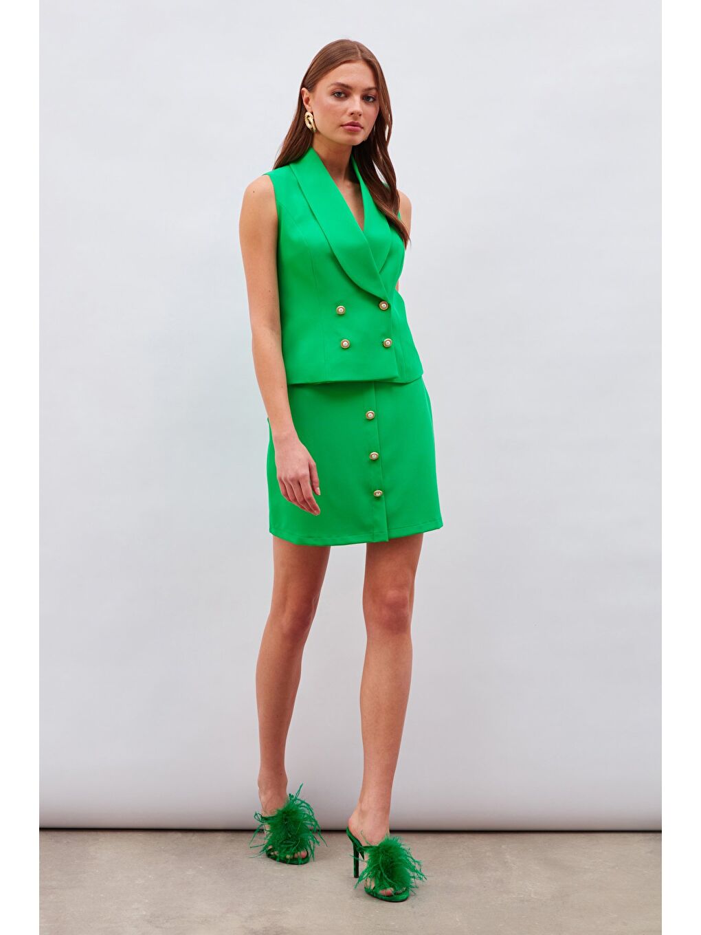 Düğme Detaylı Mini Etek - Yeşil-3