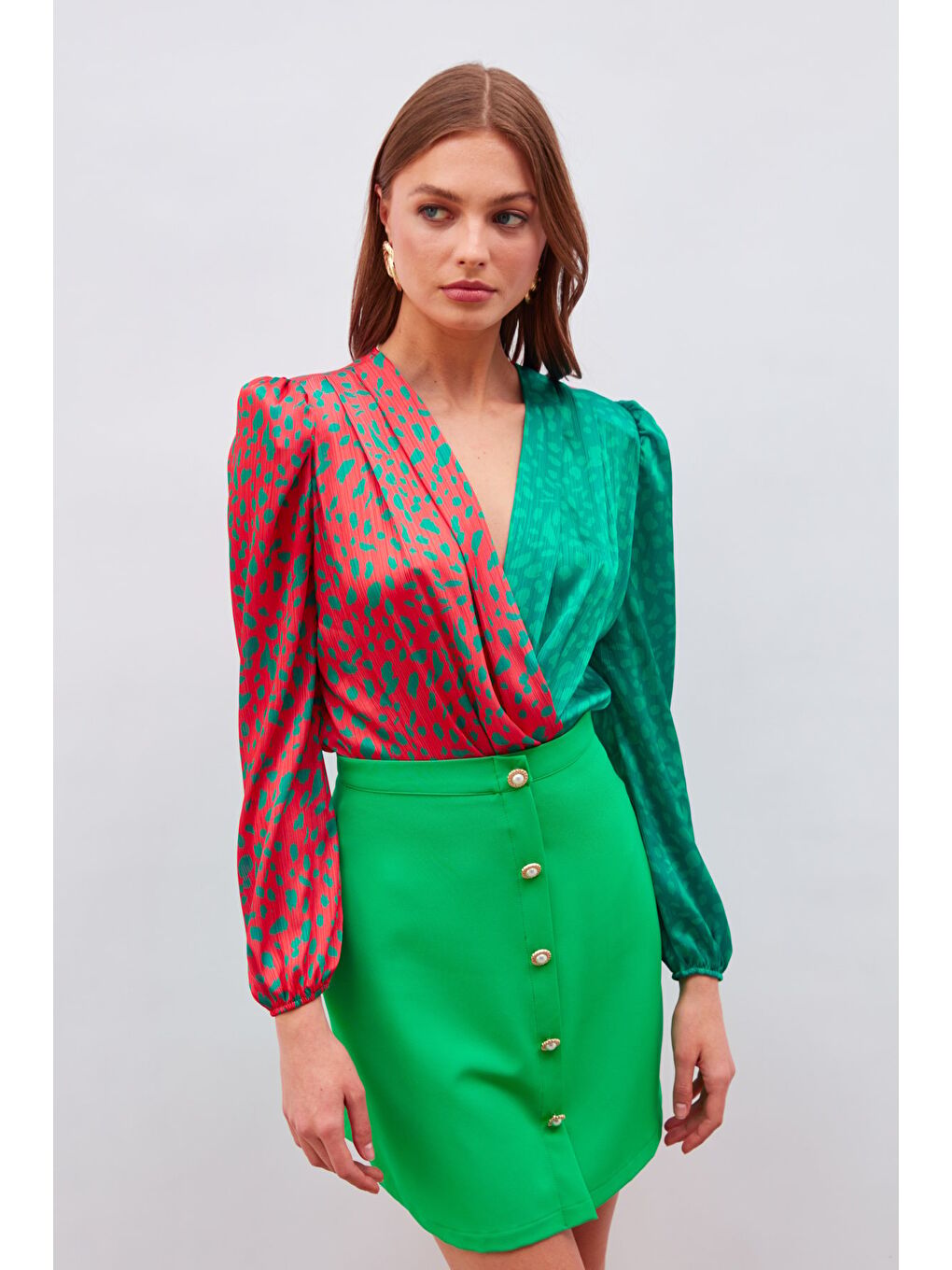 Düğme Detaylı Mini Etek - Yeşil-4