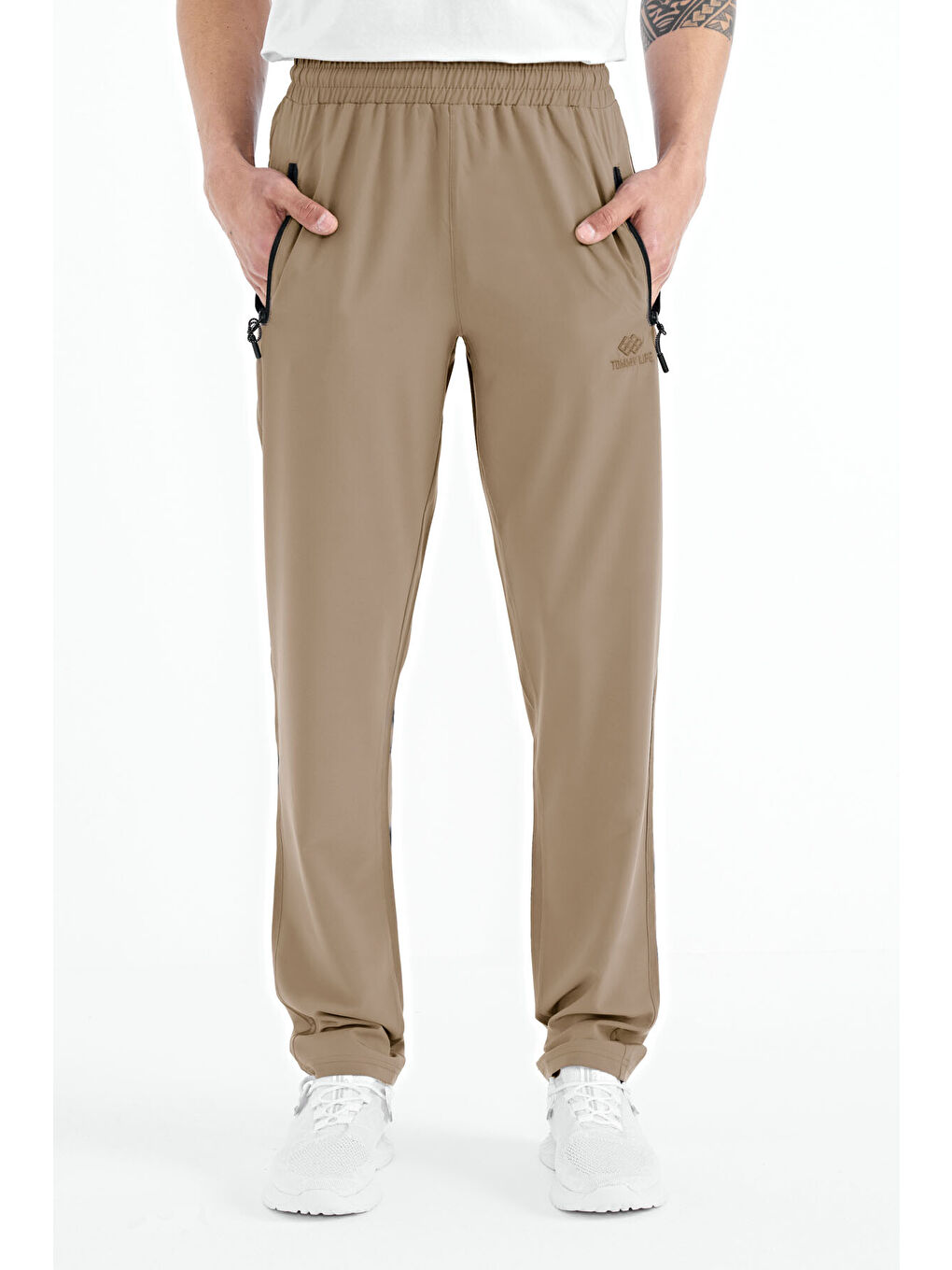 Bej Erkek Fermuarlı Üç Cepli Standart Kalıp Klasik Paça Eşofman Alt - 84768-2