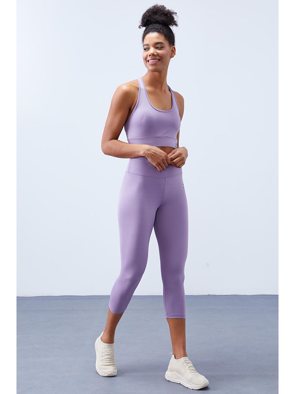 Mor Eflatun Yüksek Bel Toparlayıcı Çapraz Sırt Detaylı Slim Fit Kadın Tayt Takım - 95283-2