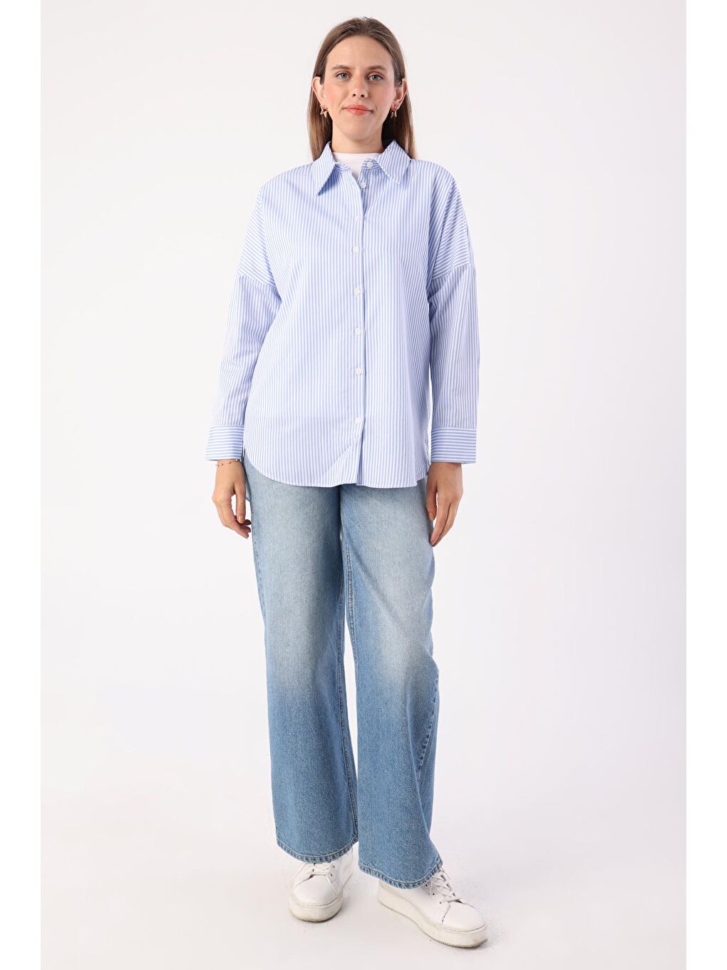 Mavi-Beyaz Oversize Basic Gömlek-1