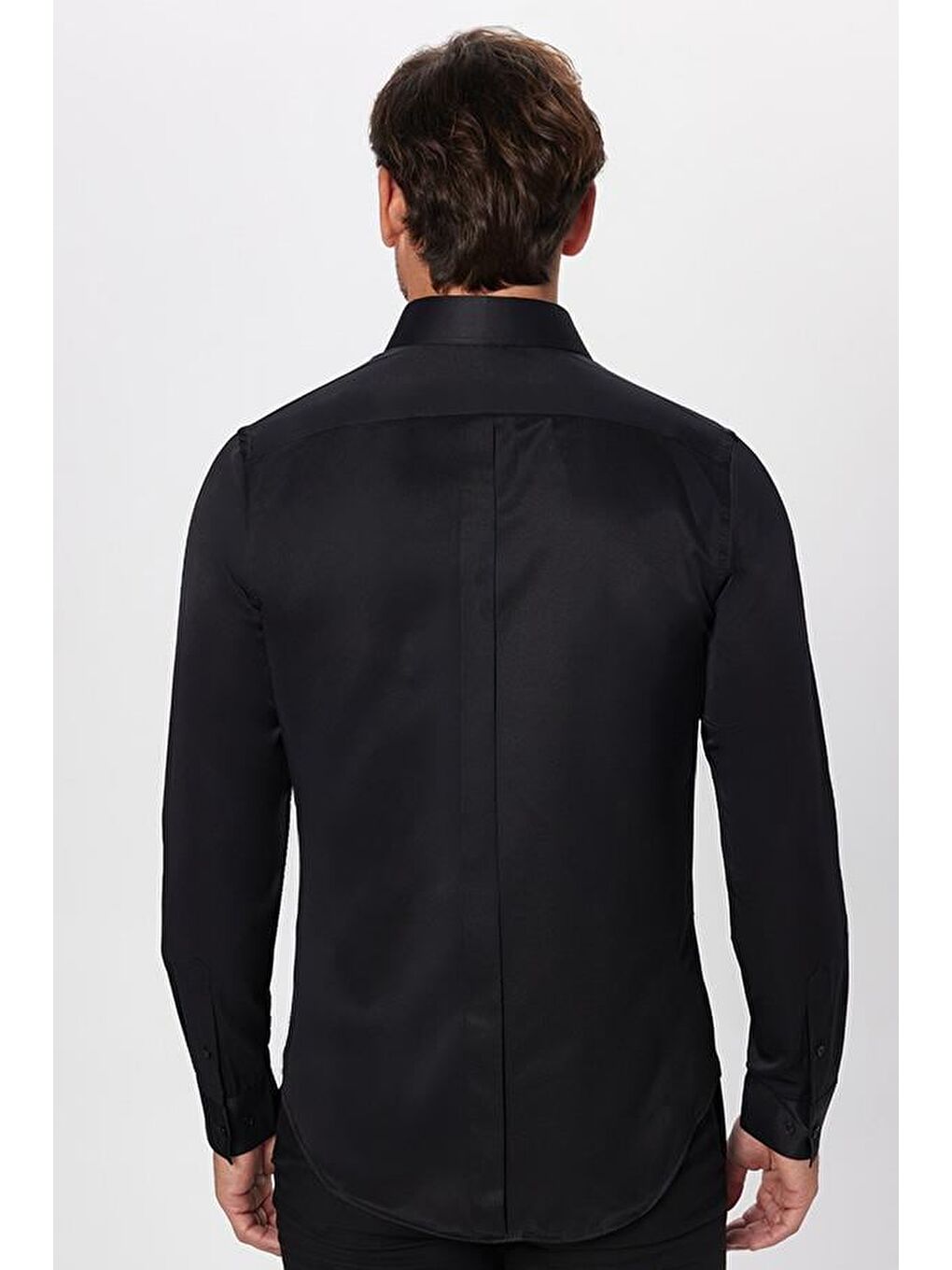 Slim Fit Uzun Kollu Gizli Pat Sırtı Körüklü Düz Siyah Erkek Gömlek-4