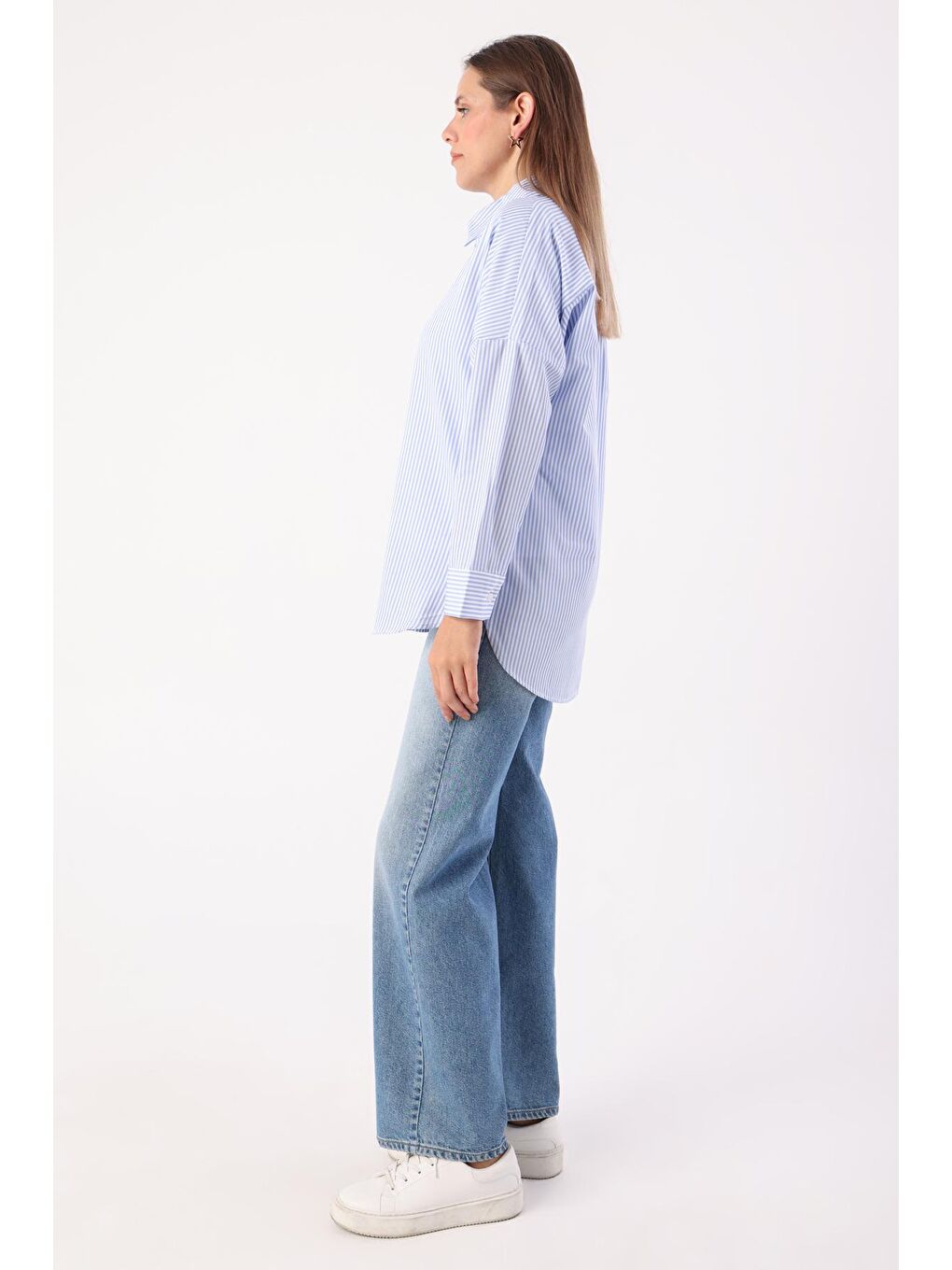 Mavi-Beyaz Oversize Basic Gömlek-2