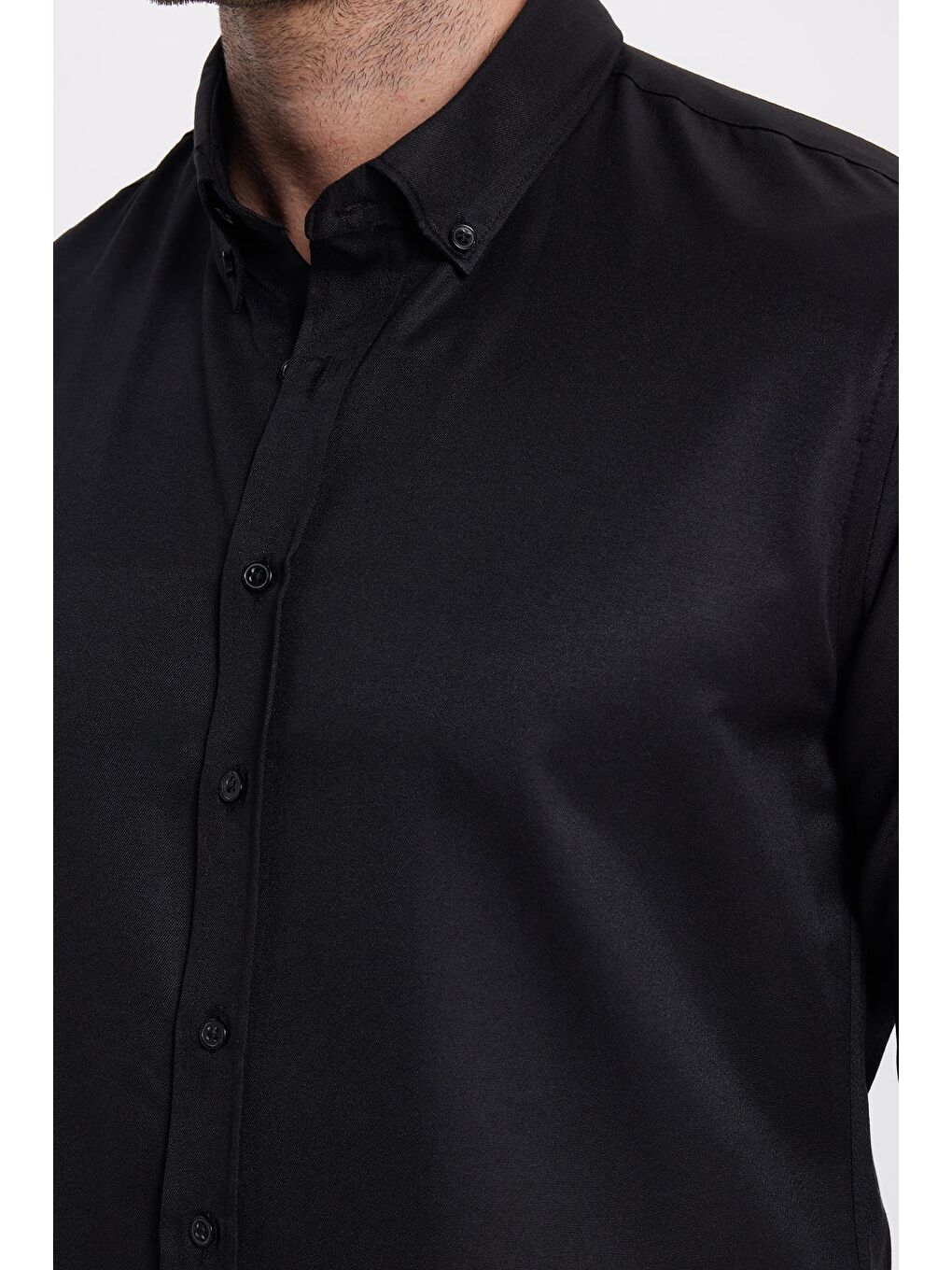 Siyah Slim Fit Uzun Kollu Düğmeli Yaka Pamuklu Kolay Ütü Düz Erkek Gömlek-2