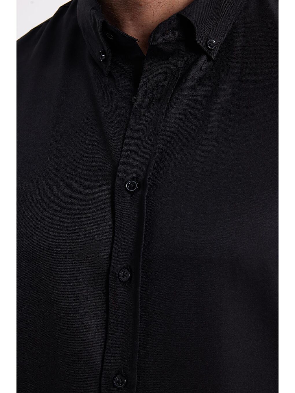 Siyah Slim Fit Uzun Kollu Düğmeli Yaka Pamuklu Kolay Ütü Düz Erkek Gömlek-5