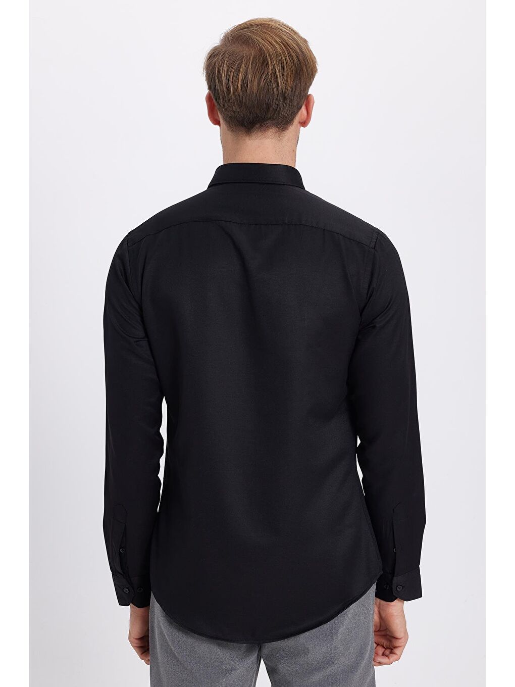 Siyah Slim Fit Uzun Kollu Düğmeli Yaka Pamuklu Kolay Ütü Düz Erkek Gömlek-6