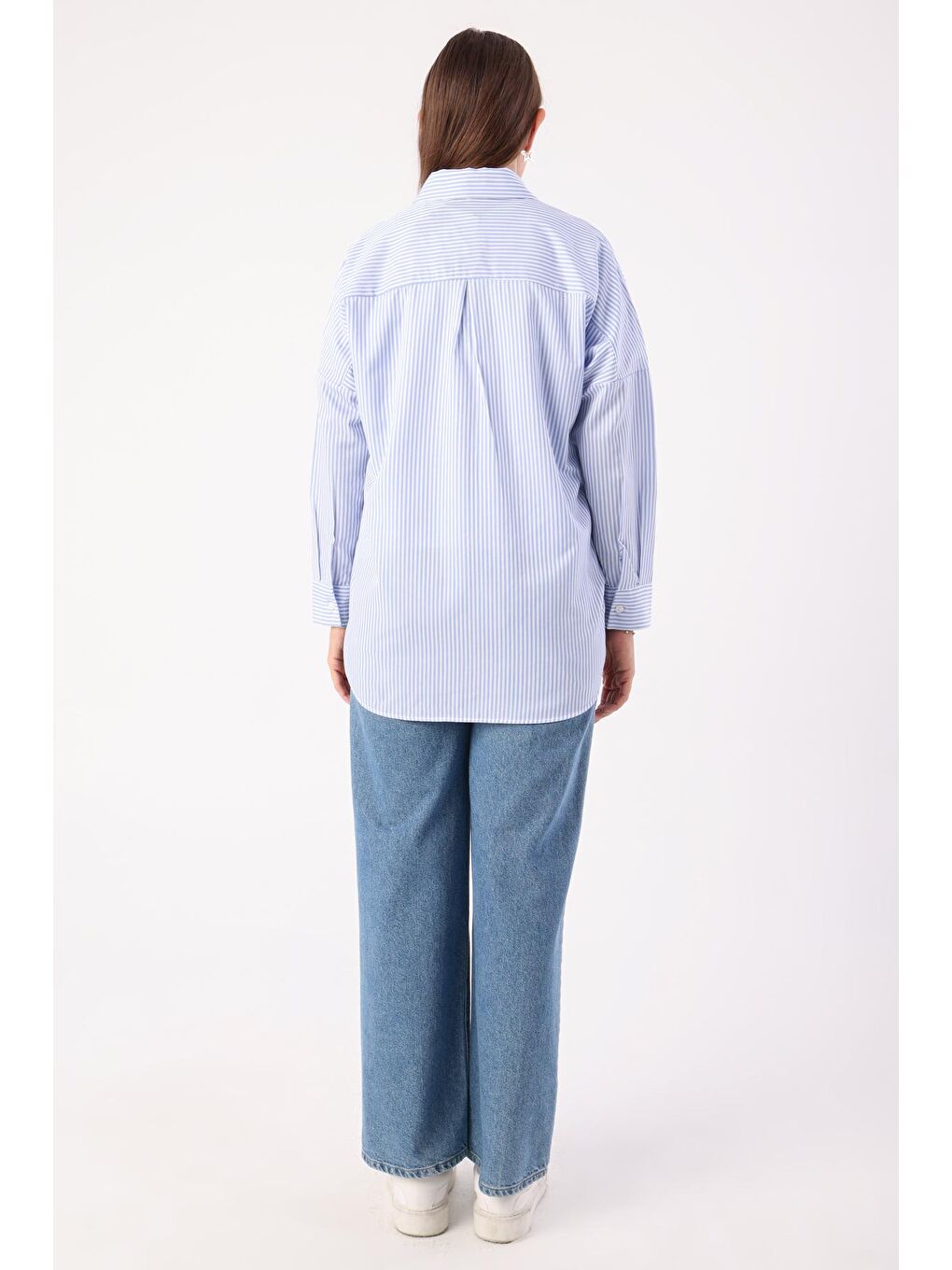 Mavi-Beyaz Oversize Basic Gömlek-3