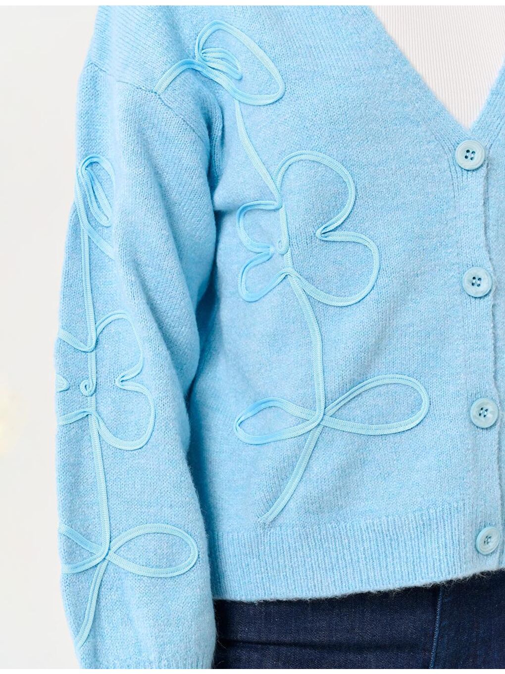 Açık Mavi V Yaka Çiçek Desenli Triko Hırka-2