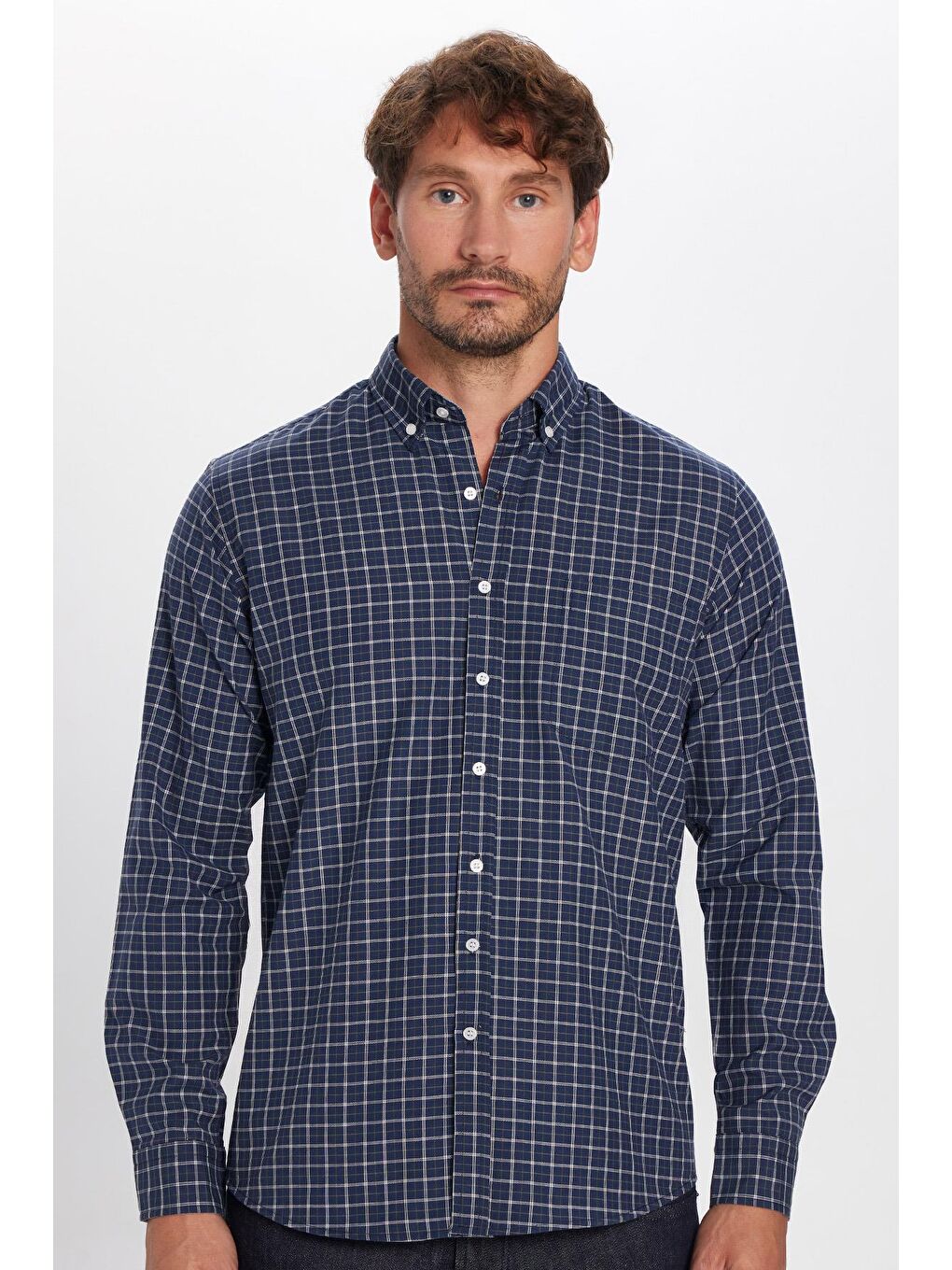 Karışık Erkek Regular Fit Klasik Kesim Düğmeli Yaka Küçük Kareli Pamuklu Lacivert-Beyaz Gömlek-3