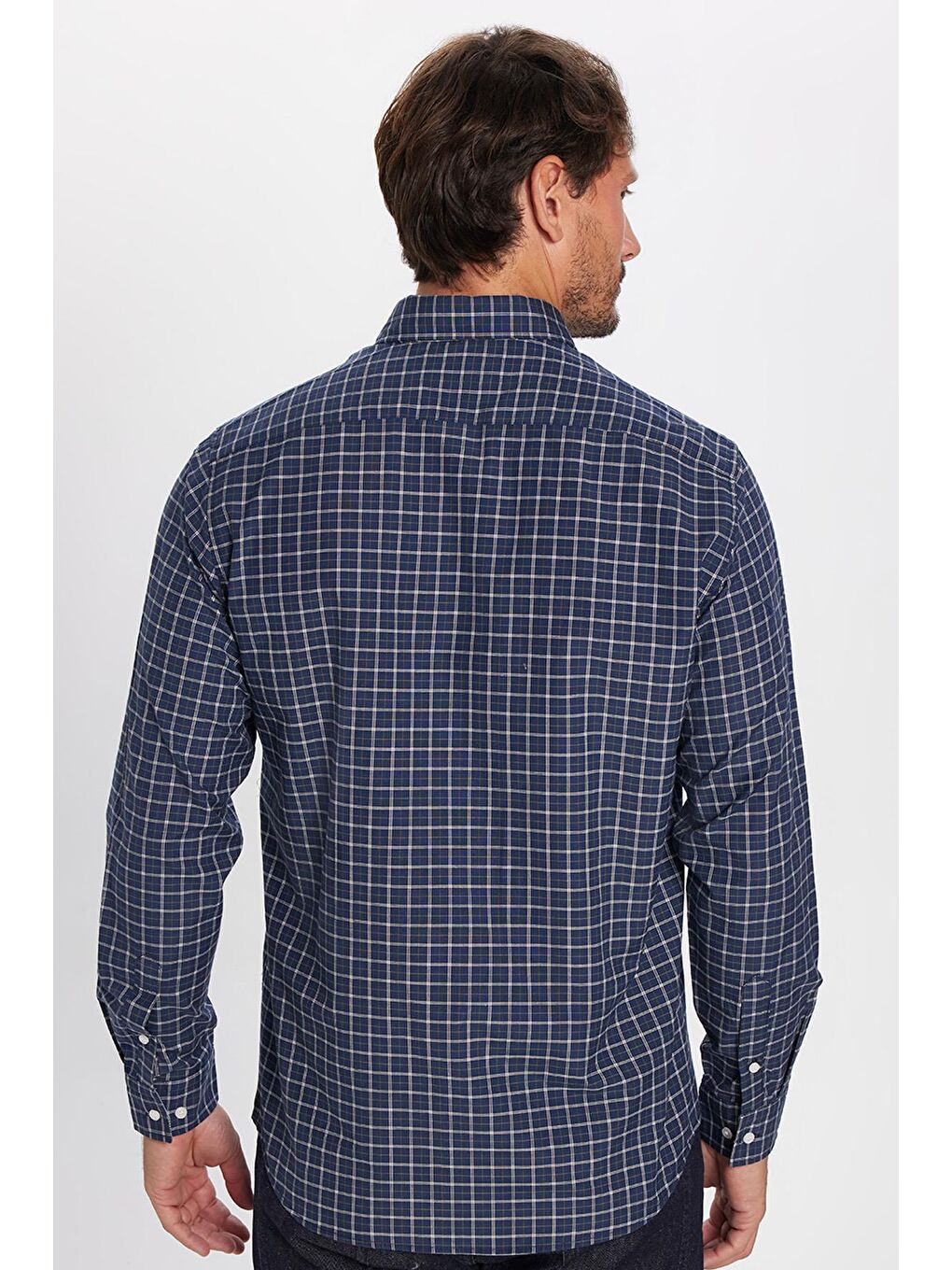 Karışık Erkek Regular Fit Klasik Kesim Düğmeli Yaka Küçük Kareli Pamuklu Lacivert-Beyaz Gömlek-4