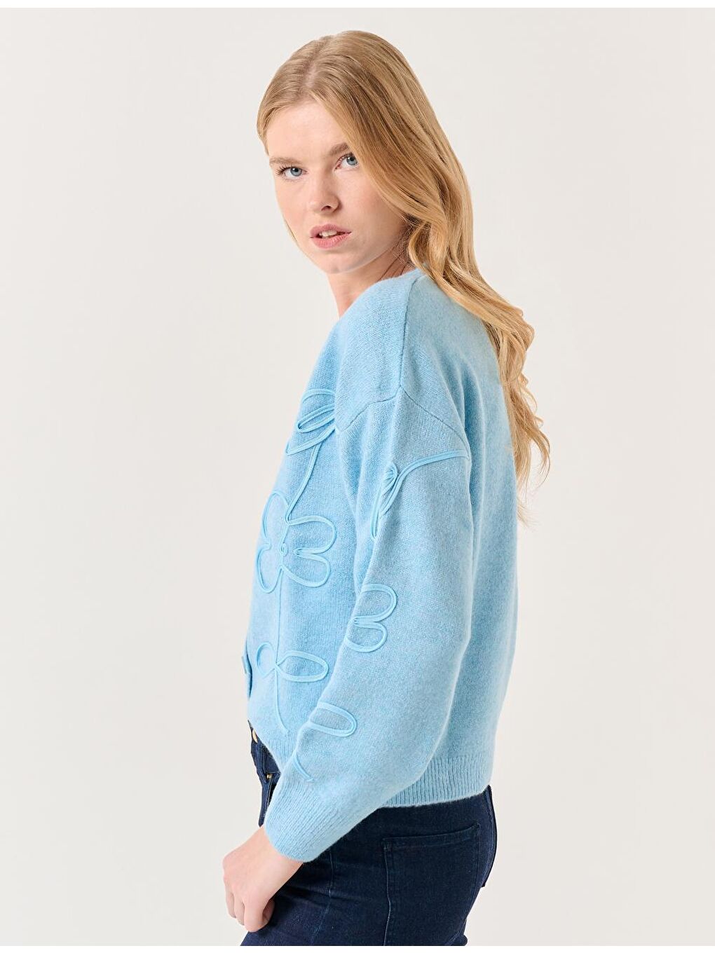 Açık Mavi V Yaka Çiçek Desenli Triko Hırka-4