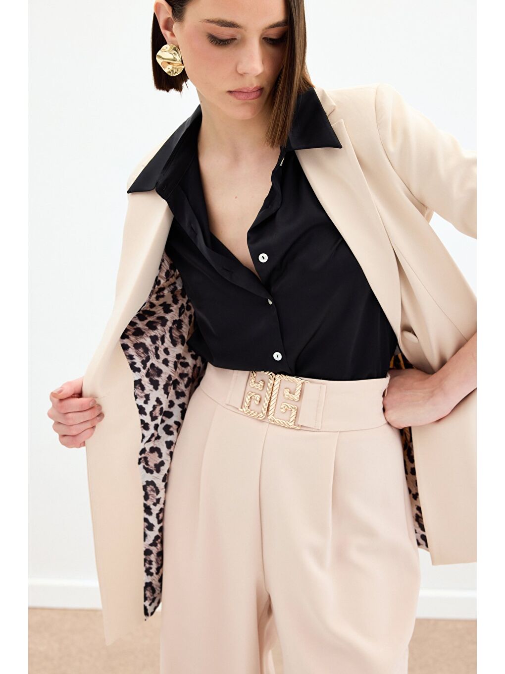 Mono Yaka Klasik Ceket - Bej-5