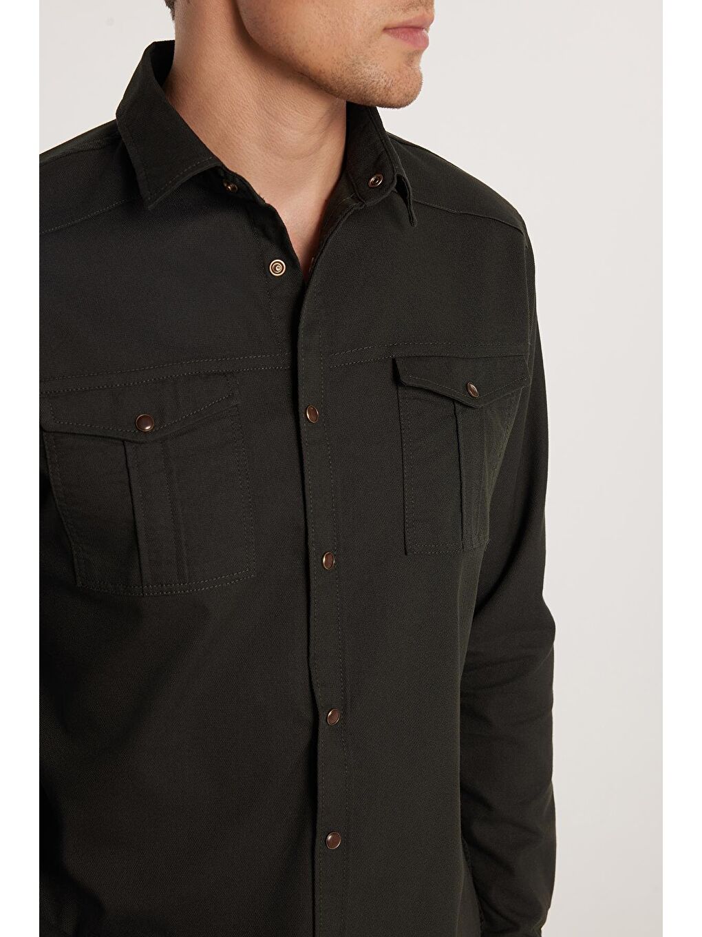 Erkek Slim Fit Dar Kesim Uzun Kollu Denim Jean Yıkamalı Çift Cepli Haki Spor Yaka Gömlek-2