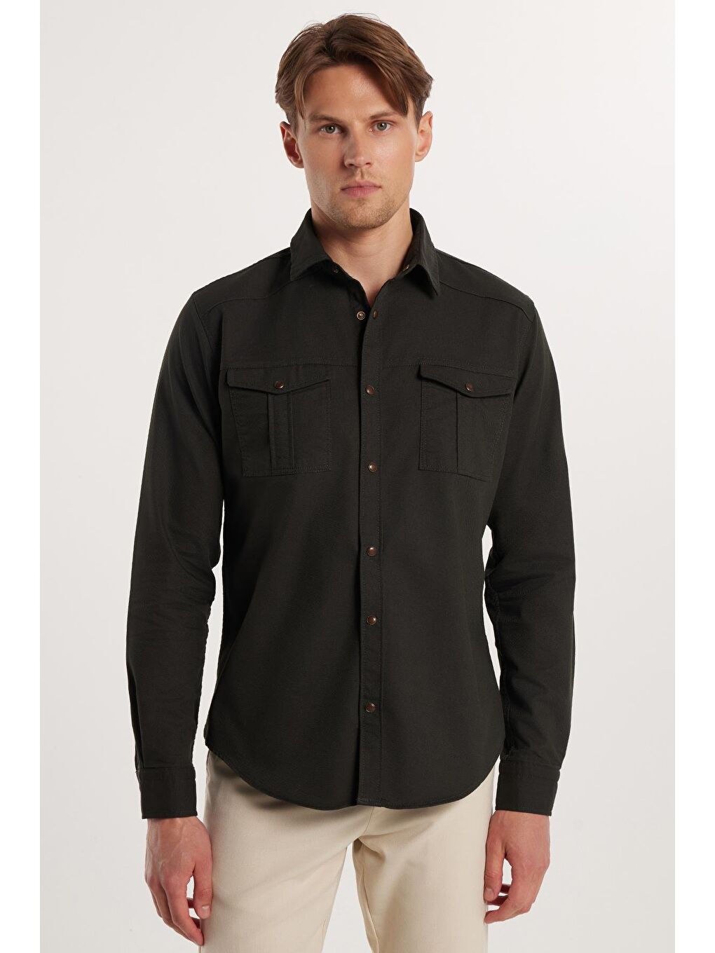 Erkek Slim Fit Dar Kesim Uzun Kollu Denim Jean Yıkamalı Çift Cepli Haki Spor Yaka Gömlek-3