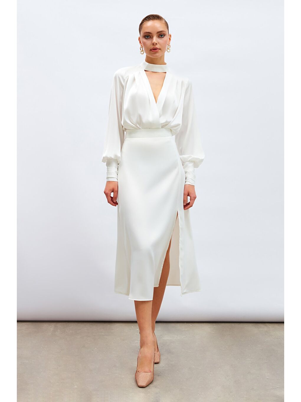 Yırtmaçlı Saten Etek - Ekru-2