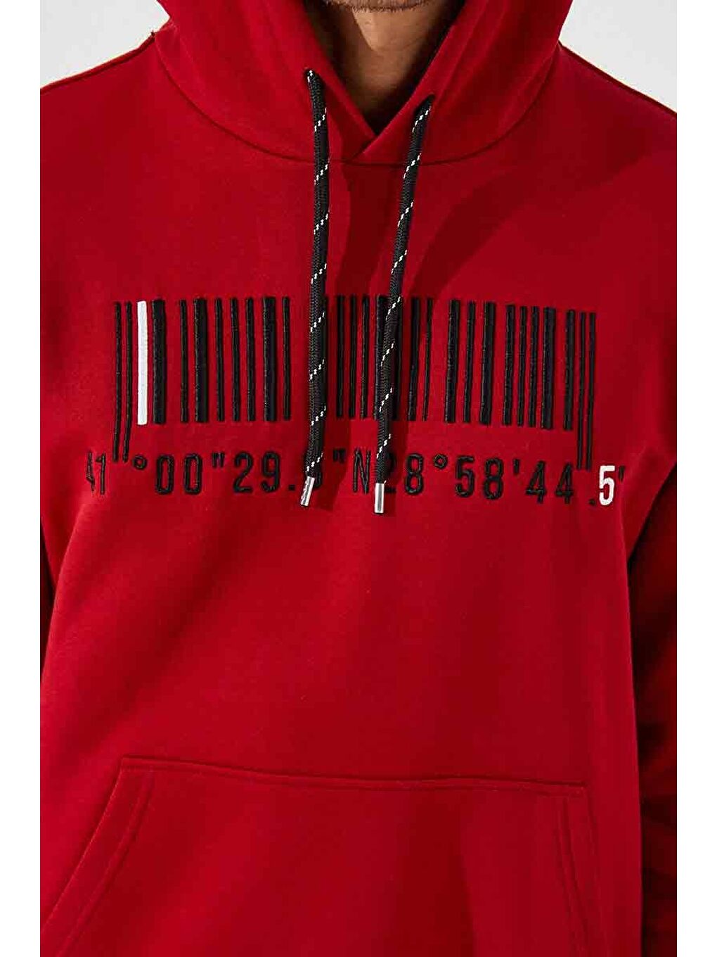 Kırmızı Nakışlı Kanguru Cep Standart Kalıp Kapüşonlu  Erkek Hoodie - 87839-2
