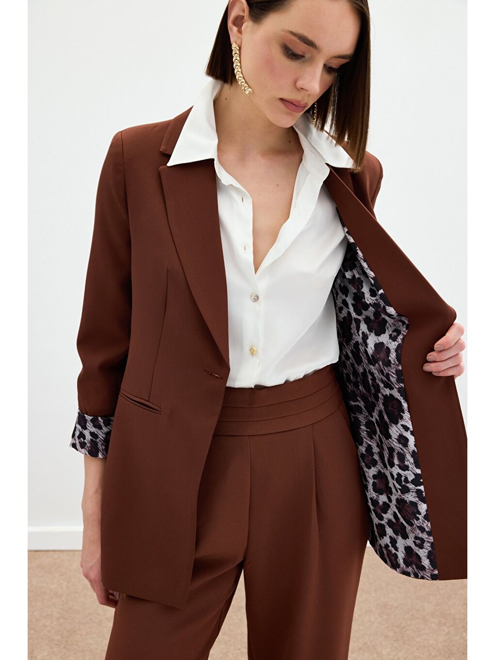 Kahverengi Mono Yaka Klasik Ceket - Kahve-4