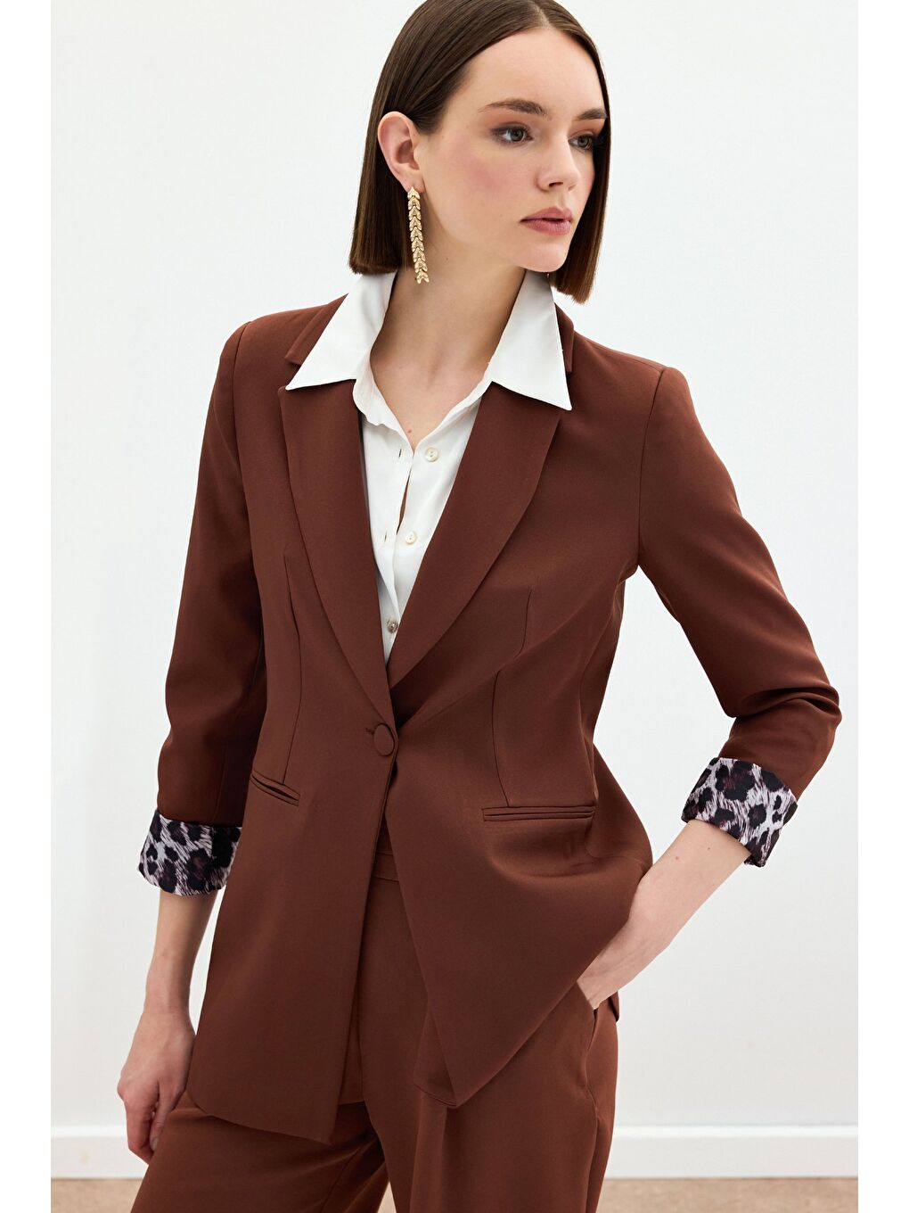 Kahverengi Mono Yaka Klasik Ceket - Kahve-5