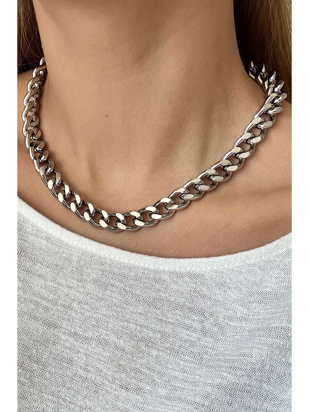 Gri Gümüş Kaplama Cadena Kalın Zincir Kolye-2