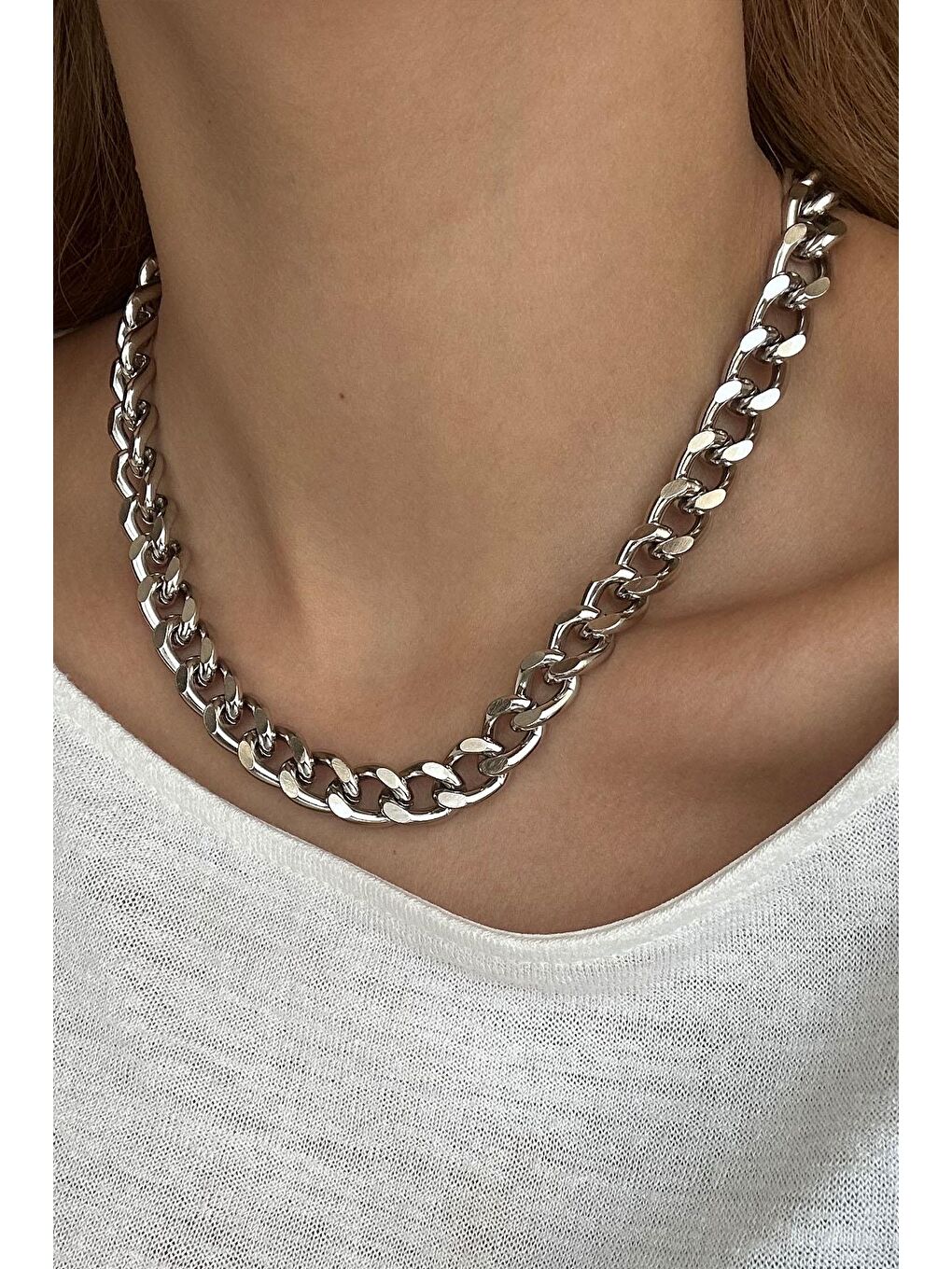 Gri Gümüş Kaplama Cadena Kalın Zincir Kolye-3