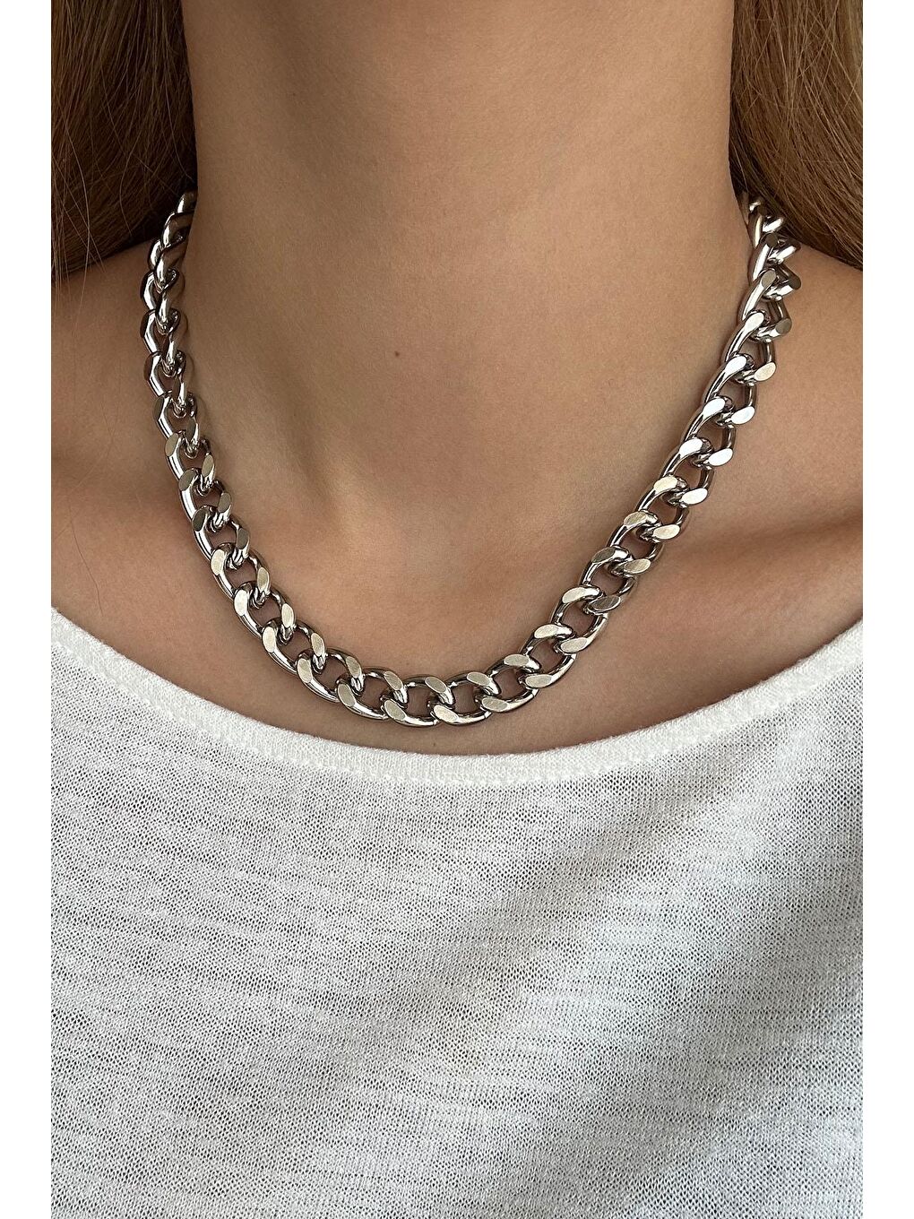 Gri Gümüş Kaplama Cadena Kalın Zincir Kolye-4