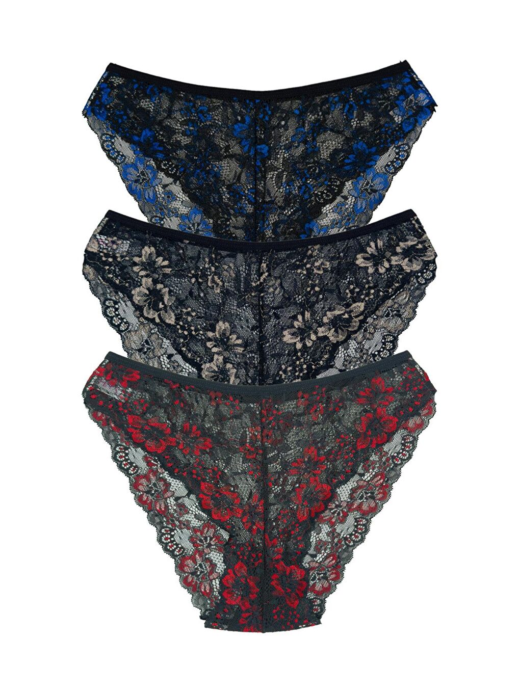 Siyah Çift Renk Dantel Yüksek Bel Kadın Külot 3'lü