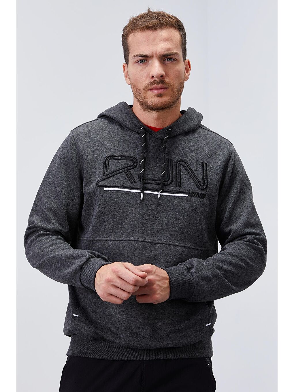 Antrasit Melanj Yazı Nakışlı Standart Kalıp Kapüşonlu  Erkek Hoodie - 87887-2