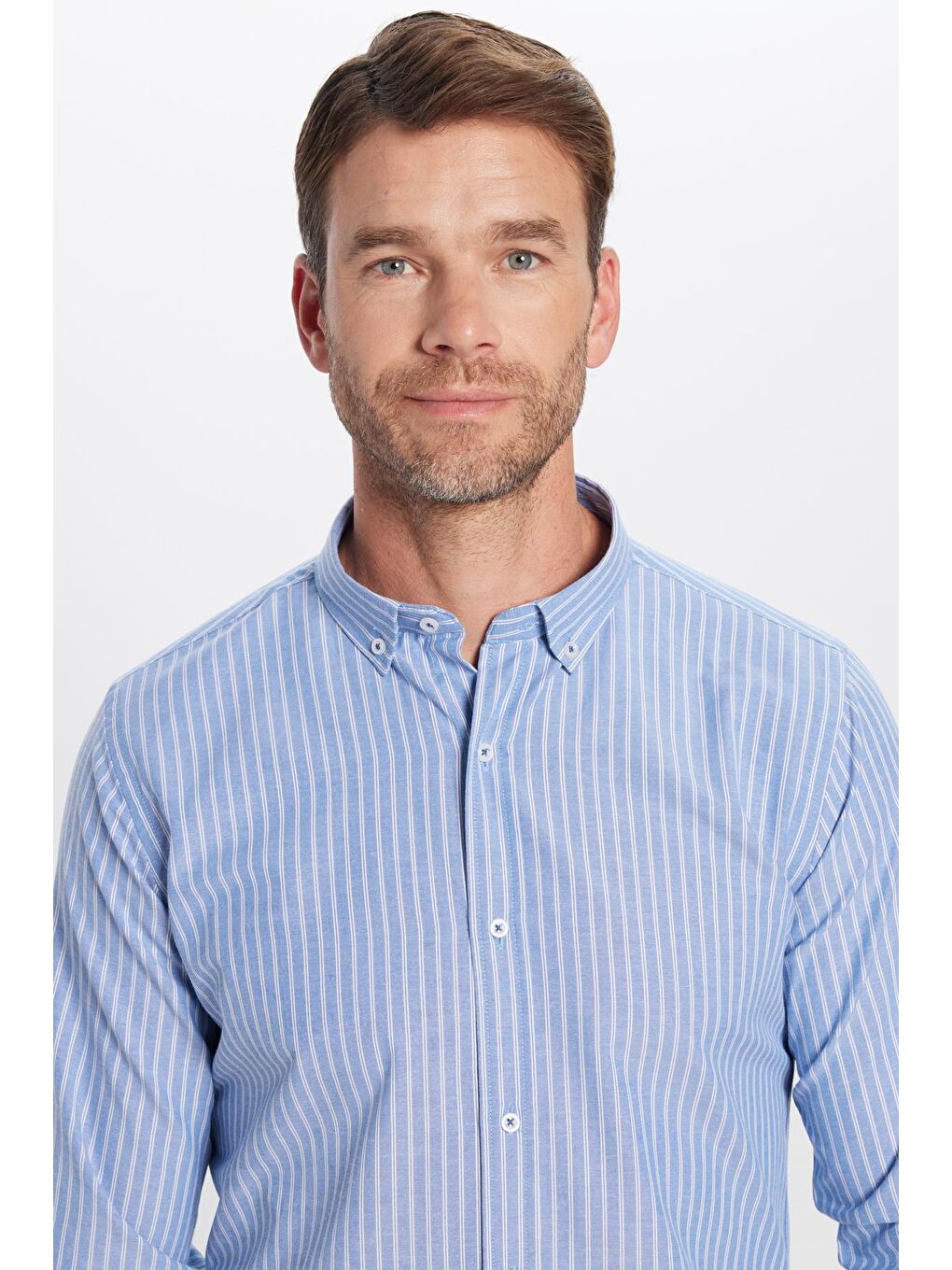 Karışık Slim Fit Uzun Kollu Çizgili Yaka Düğmeli Erkek Gömlek-1