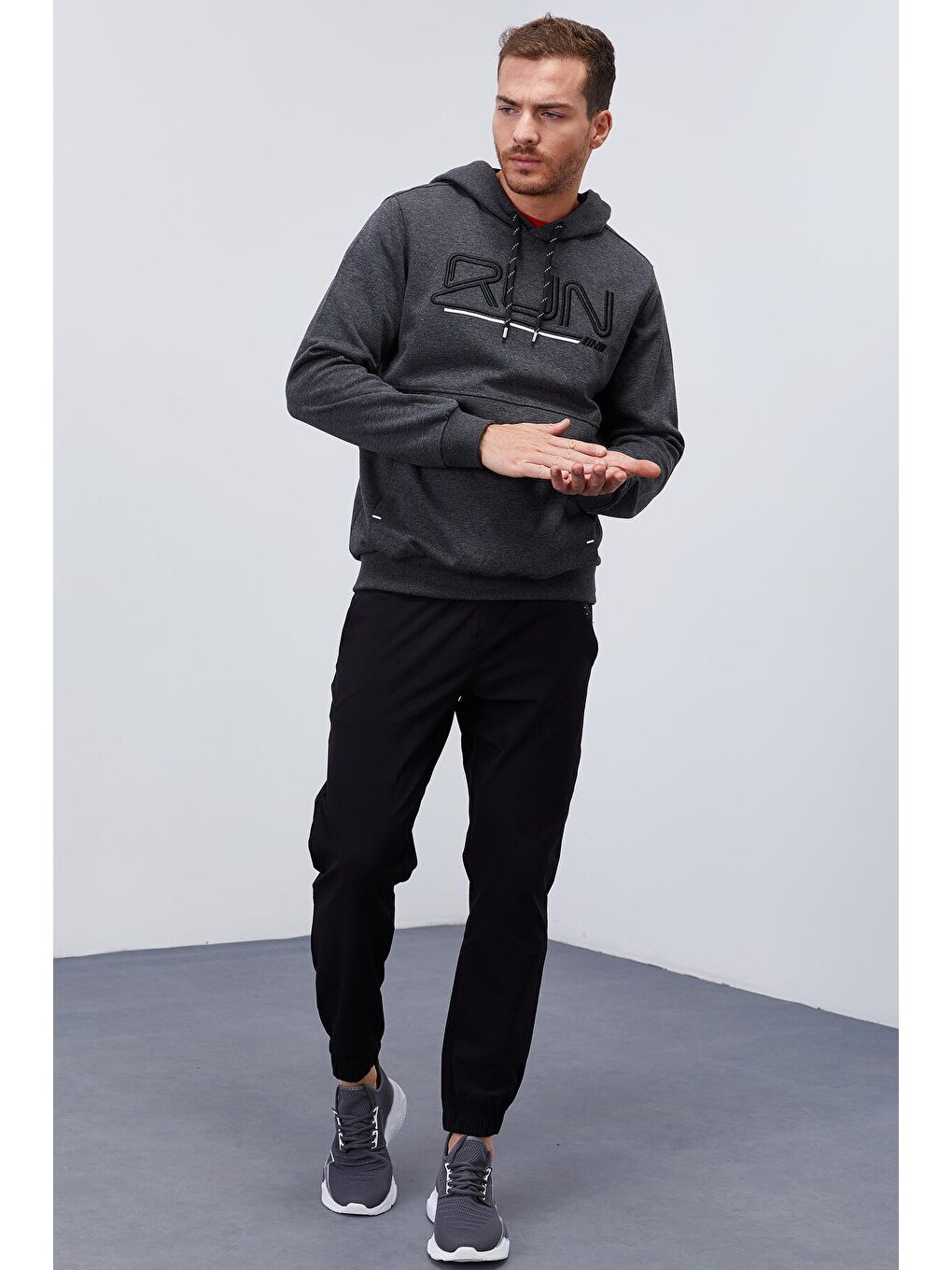 Antrasit Melanj Yazı Nakışlı Standart Kalıp Kapüşonlu  Erkek Hoodie - 87887-3