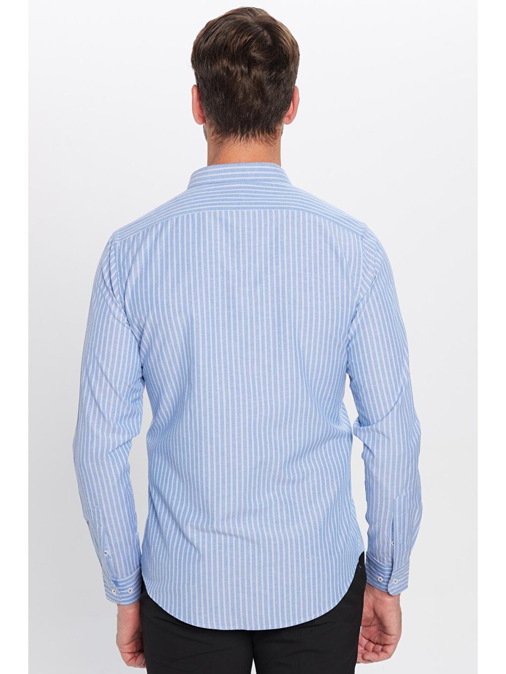 Karışık Slim Fit Uzun Kollu Çizgili Yaka Düğmeli Erkek Gömlek-4