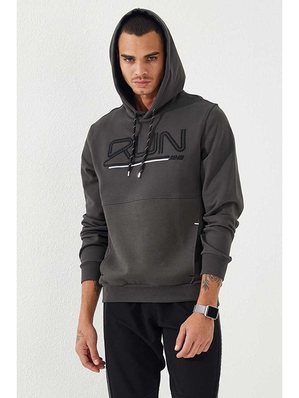 Haki Yazı Nakışlı Standart Kalıp Kapüşonlu  Erkek Hoodie - 87887