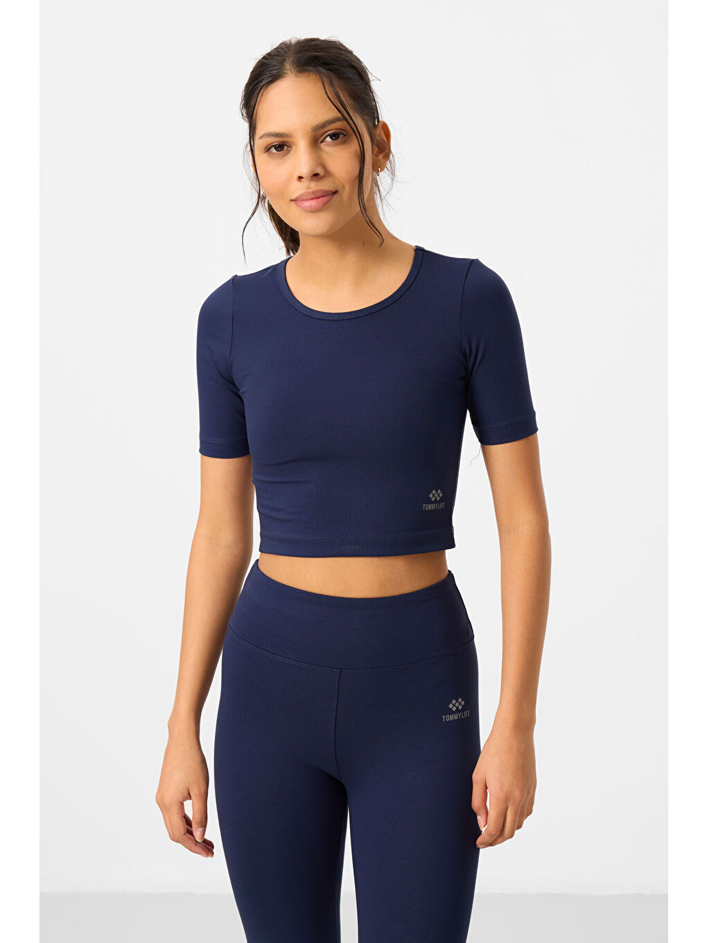 İndigo Yüksek Bel Kapri-Crop Tişört Slim Fit Kadın Tayt Takım - 95285-4