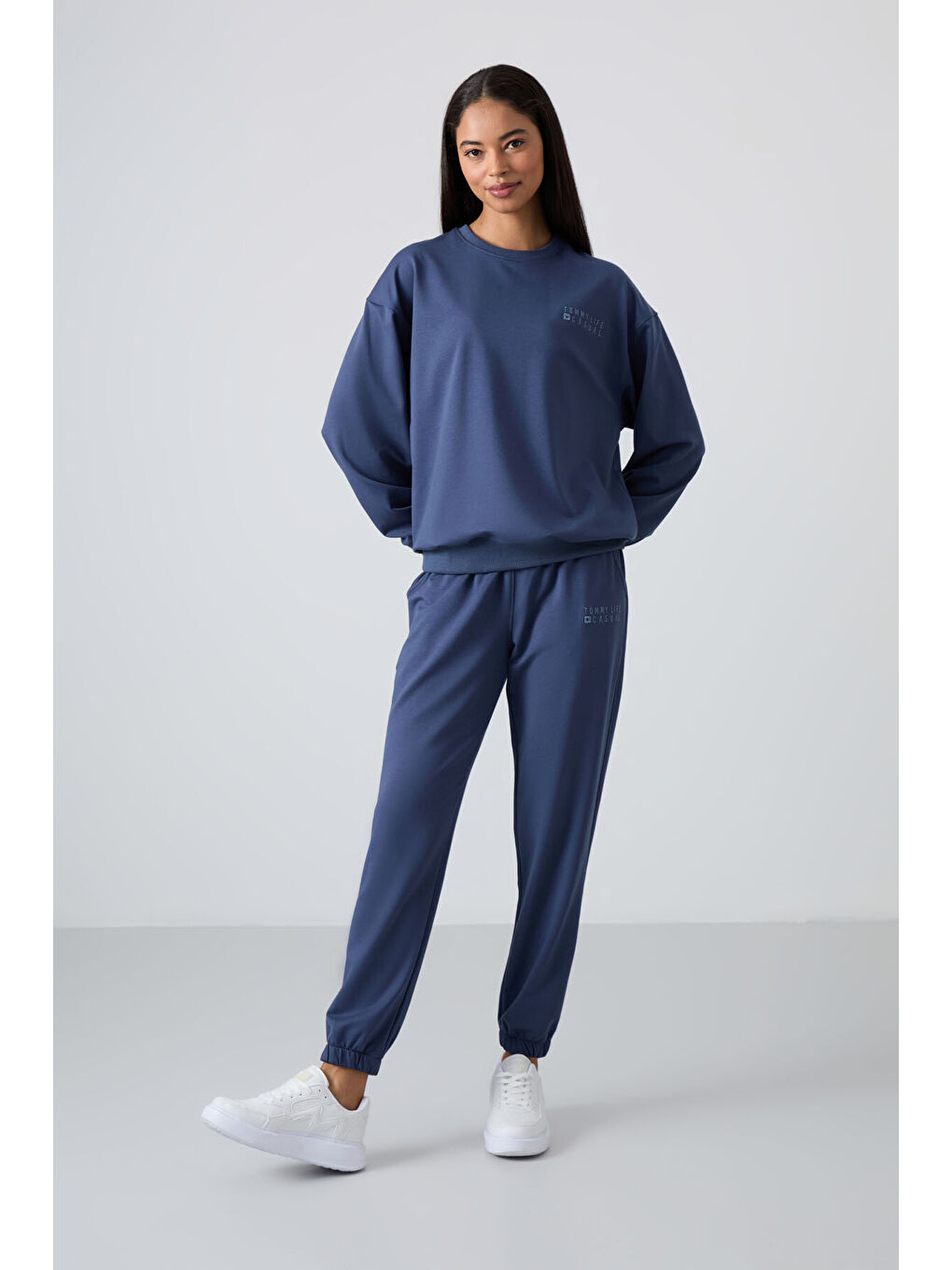Petrol Bisiklet Yaka Oversize Lastik Paça Kadın Eşofman Takımı - 95287-4