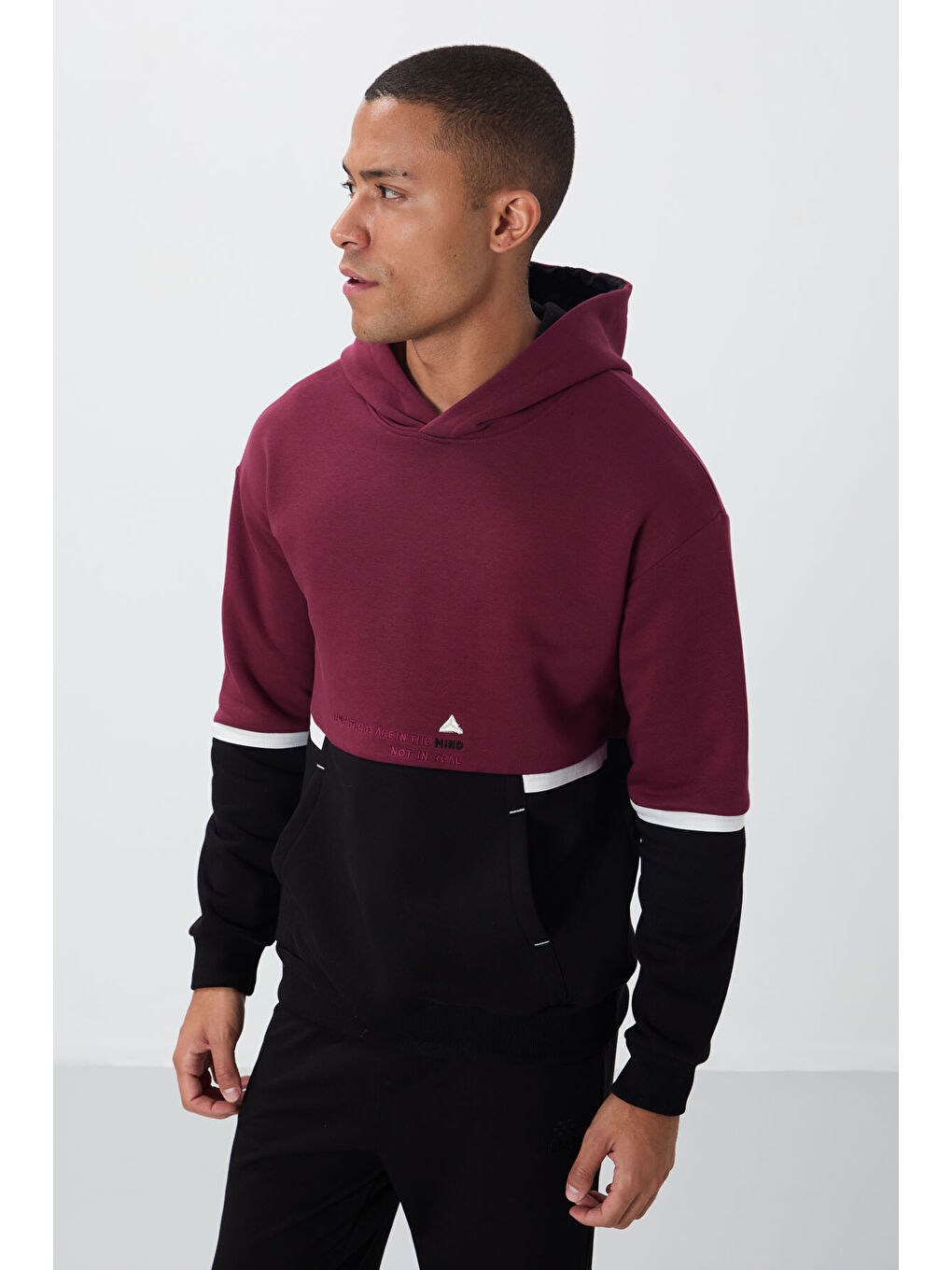Bordo Erguvan Pamuklu Kalın İçi Tüylü Yumuşak Dokulu Comfort Fit Nakışlı  Erkek Hoodie - 88417-3